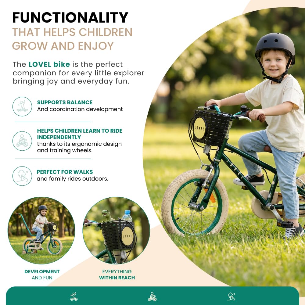 sun baby Lovel Bicicleta niño y niña 14 o 16" | Para 3–6 años, hasta 50 kg, ruedines, cesta, timbre y protector de cadena