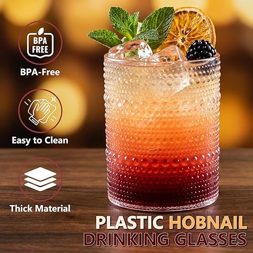 Miniatura 3 de YOUBET 24 Vasos de Plástico con Relieve para Beber - 14 Oz Vasos Transparentes Vintage - Cristalería Desechable con Cuentas para Jugo, Vino, Fiesta