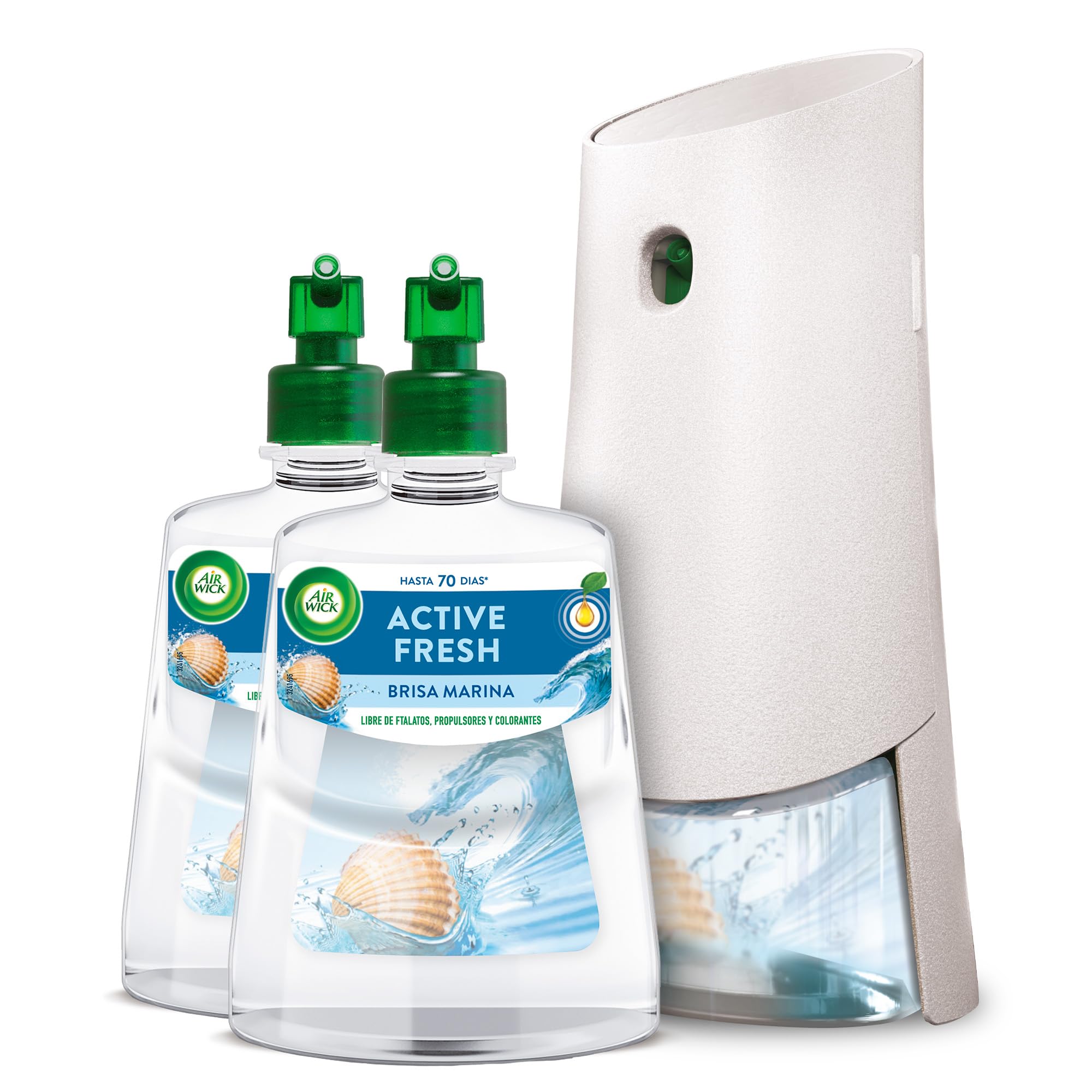Air Wick Active Fresh Spray Automático Sin Aerosol, Ambientador Hogar Fragancia Brisa Marina, 1 Aparato, 2 Recambios, Neutralizador de Olores, hasta 70 Días de Frescor