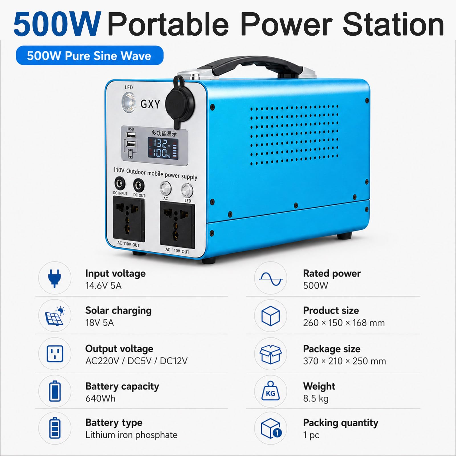 Estación de energía de Onda sinusoidal Pura de 300 W/500 W 500w | 2000 ciclos de vida, dos tomas de corriente alterna, salida para cochera de 12 V, para acampar y trabajar en el campo.