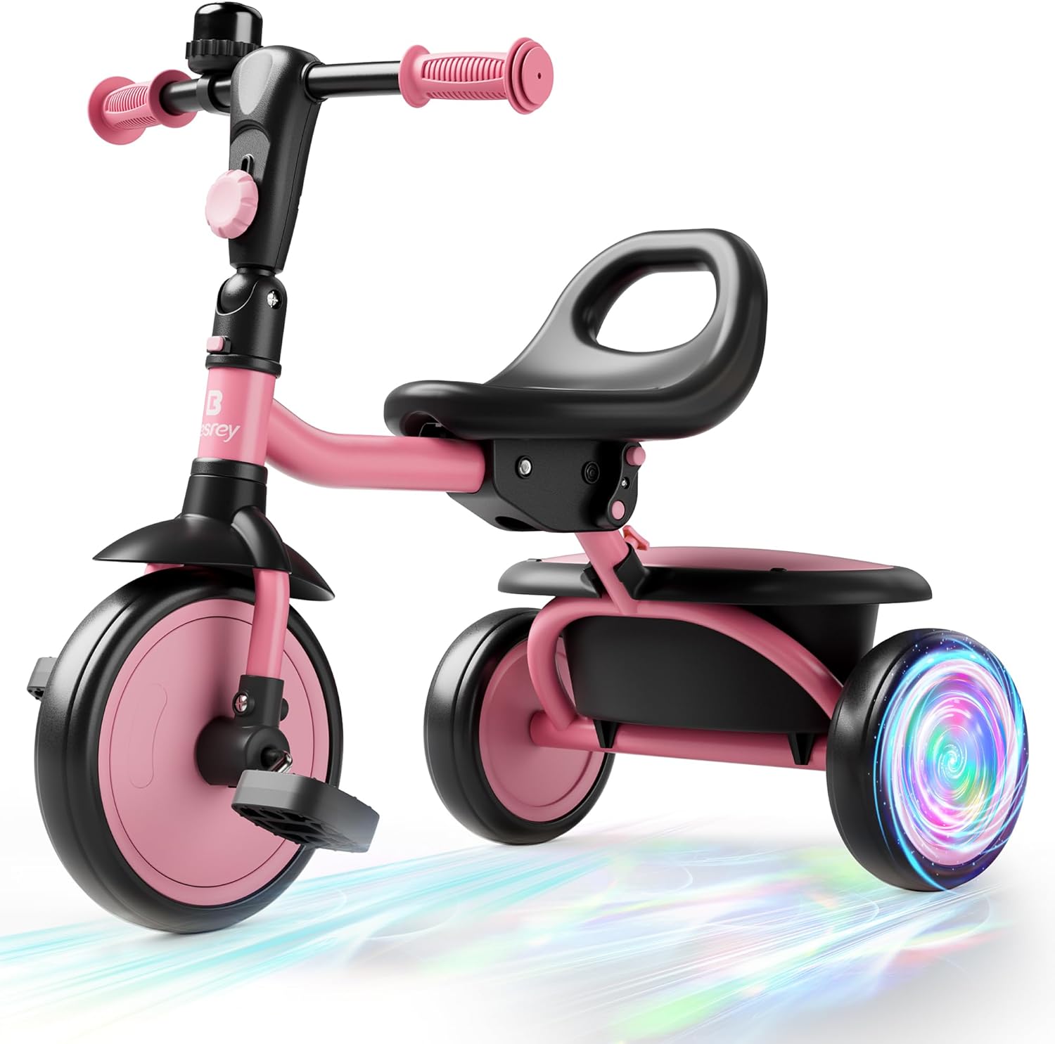 besrey Colorful Lighting Toddler Tricycle for Ages 18 Months to 5 Years, Toddler Bike with Bell, Kids Tricycle, Gift for 2-5 Year Olds, Toy for Boys and Girls, Tricycle for Toddlers, Pink Pink Flash Wheel