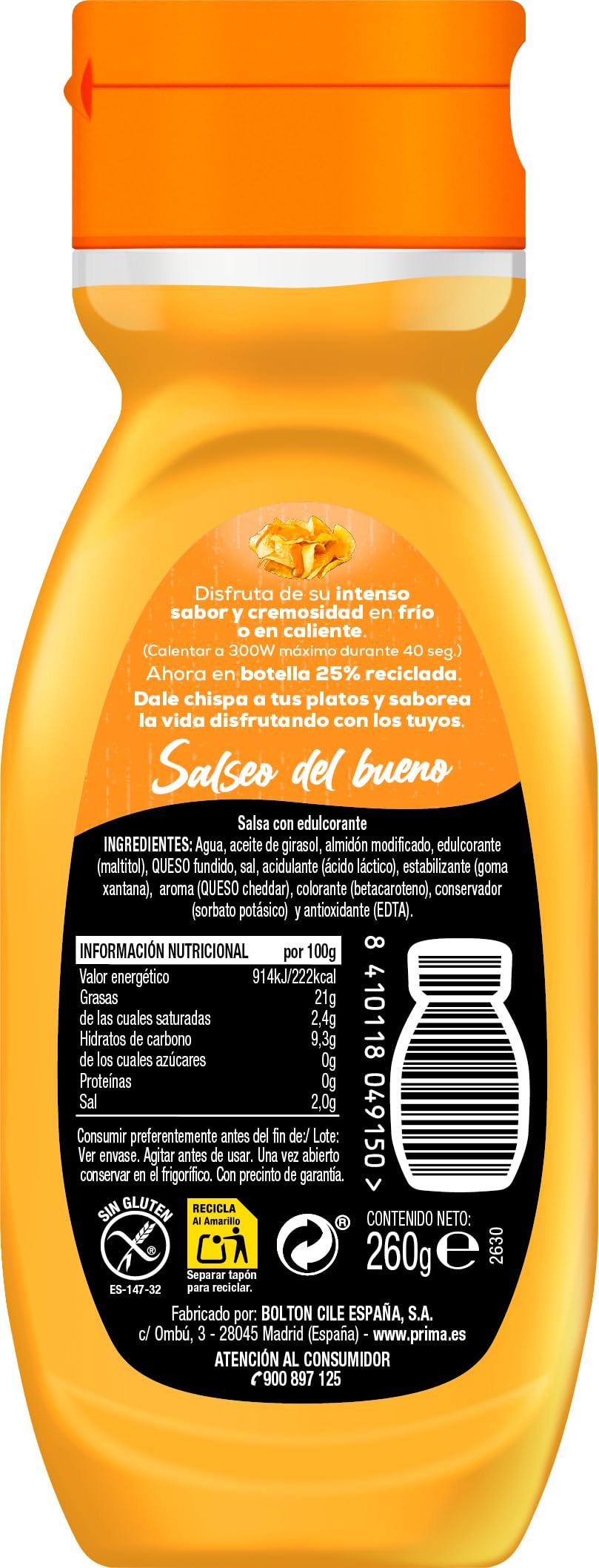 Prima salsa Cheddar Cero 260 gr Sin azúcar añadido