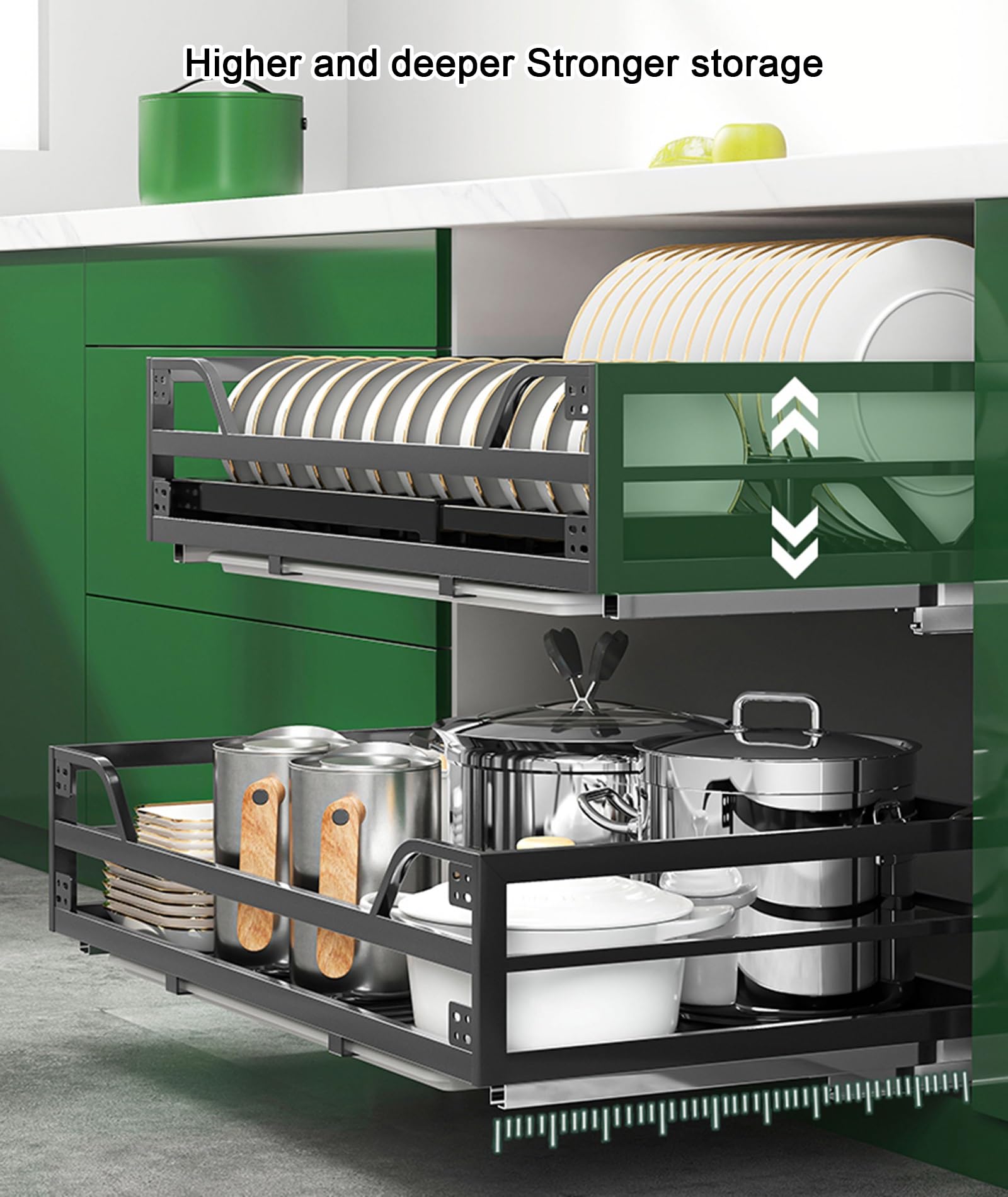 ToeWoe Ausziehbare Schubladenablagefachböden Großer Edelstahl-Ausziehschrank-Organizer 2-stufiges Küchenschrank-Schieberegal für Geschirr, Schüsseln, Besteck, Schwarz(for 23.6in Cabinet)