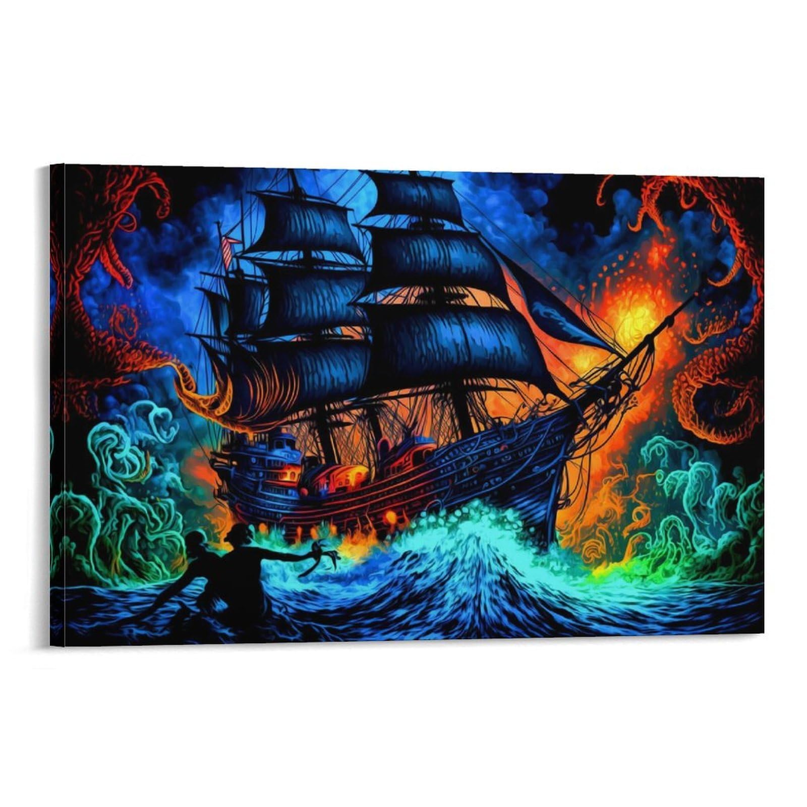 CPLVKWRQJ Sailboat Individual Glowing Pirate Ship at Sea Canvas Print - Bedroom Canvas Painting Easy to Clean Statement Piece Decor 20x30inch(50x75cm)
