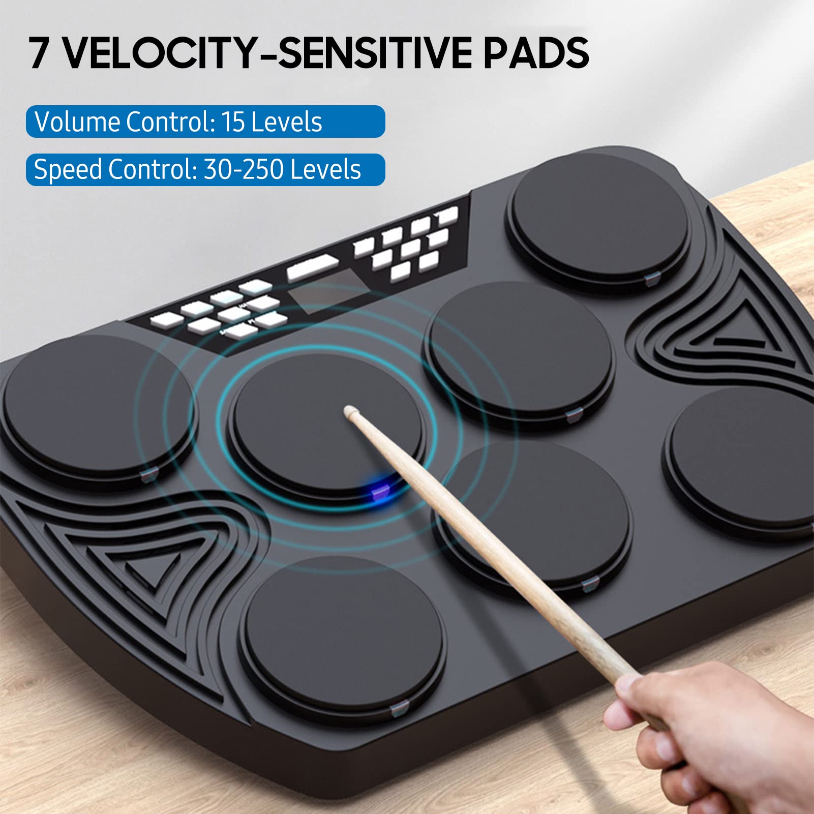 Batteria elettronica portatile, tamburo da tavolo con 7 pad sensibili alla velocità, supporto per pad batteria ricaricabile integrato, ingresso audio per registrazione, per bambini e principianti