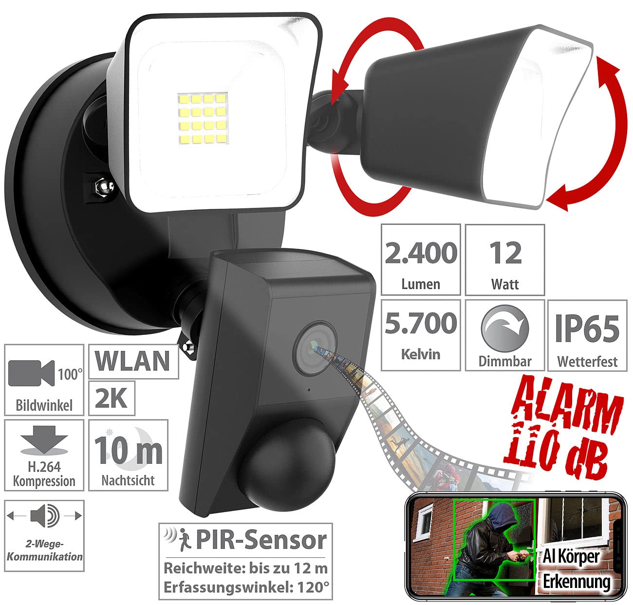 VisorTech Fluter: 2K-Kamera mit 2 LED-Strahlern, 2.400lm, Sirene, Nachtsicht, WLAN, App (Flutlicht mit Kamera, Outdoor Überwachungskamera WLAN, IP)