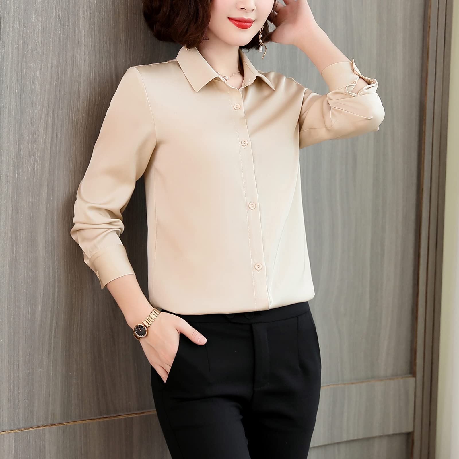 Valin Blusa de seda para mujer, camisa de seda sólida, camisa de mujer, blusa de manga larga con solapa, blusa de seda, S1903