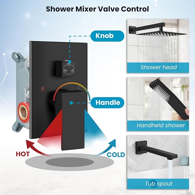 Conjunto de ducha para bañera gotonovo, cabeza 10 pulg negra miniatura 4