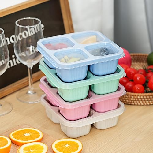 Miniatura 6 de Moretoes Paquete de 4 recipientes para aperitivos, cajas Bento de 4 compartimentos con tapas transparentes, recipientes de comida de paja de trigo
