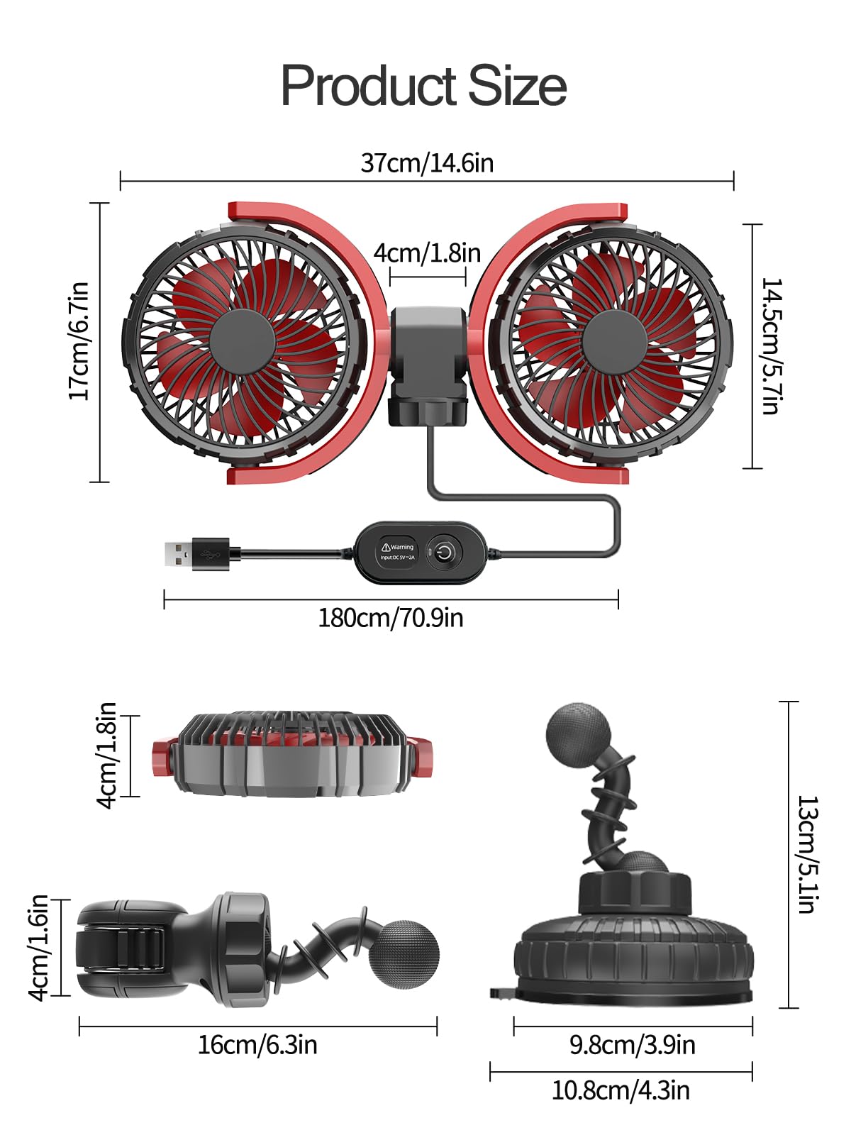 Wentylator samochodowy na tylne siedzenie dla dzieci,obrotowy o 360°,podwójna głowica,zasilany przez USB,wentylator samochodowy,3 prędkości,niski poziom hałasu,do pojazdów SUV,kamperów,5V/2A