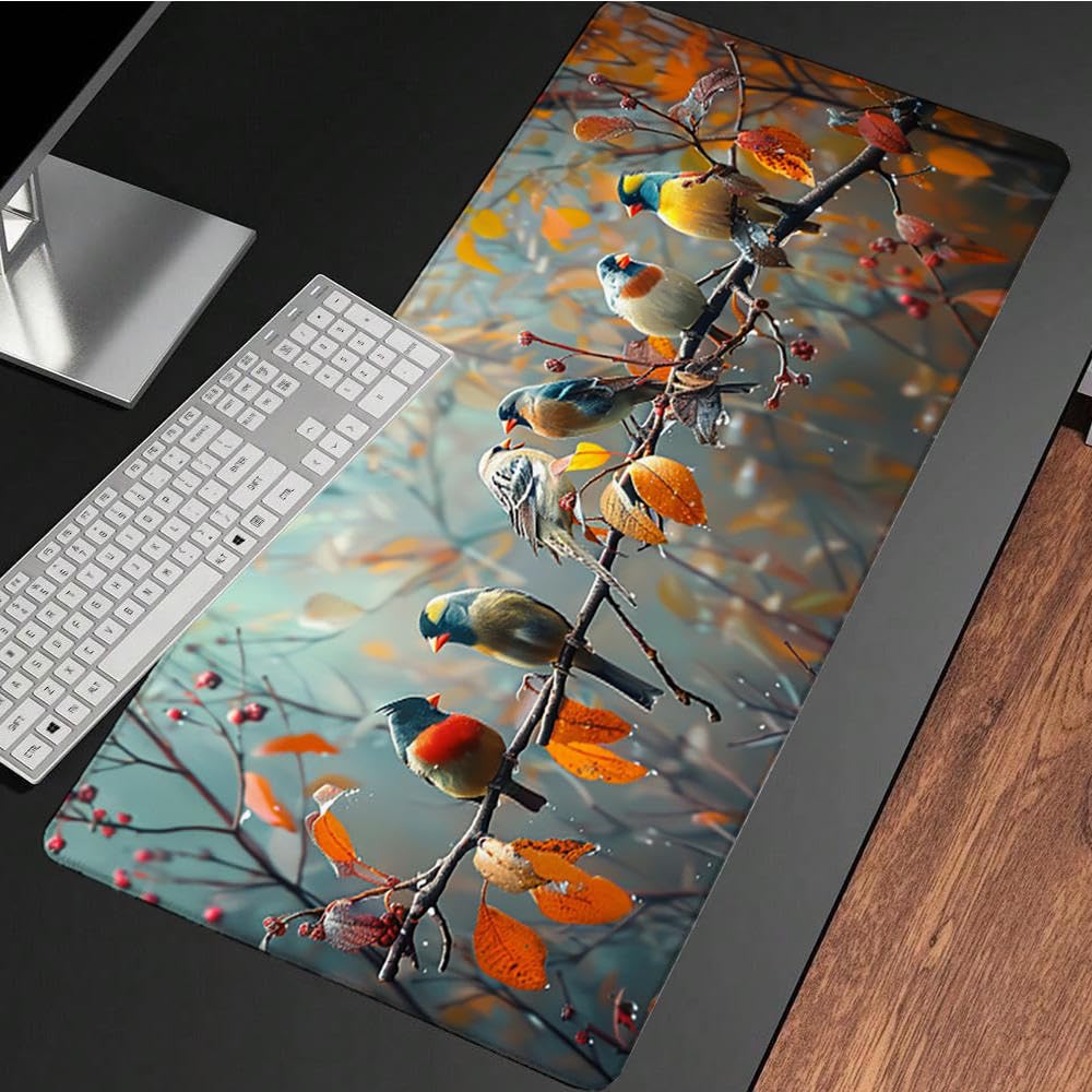 Żółta podkładka pod mysz XXL, podkładka na biurko, 1200 x 600 cm, szyte krawędzie, podkładka pod mysz, gumowa podstawa, ptak, podkładka pod mysz, stabilna przyczepność na gładkich powierzchniach,