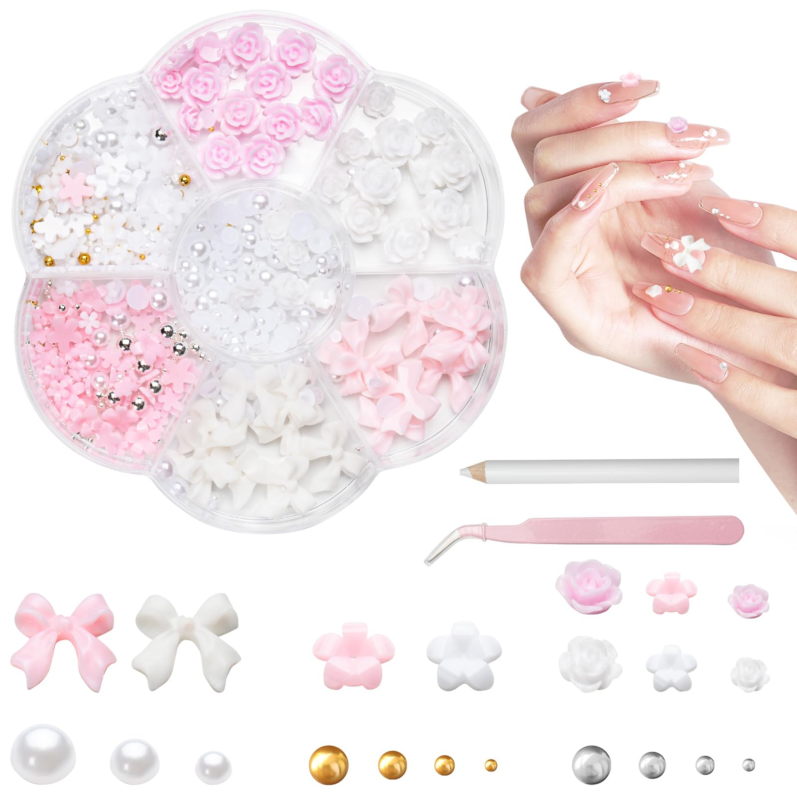 Nagelzubehör-Set Mit 2 Boxen Schmuck + Pinzette – DIY-Nageldesign Mit Strass & Schleifen