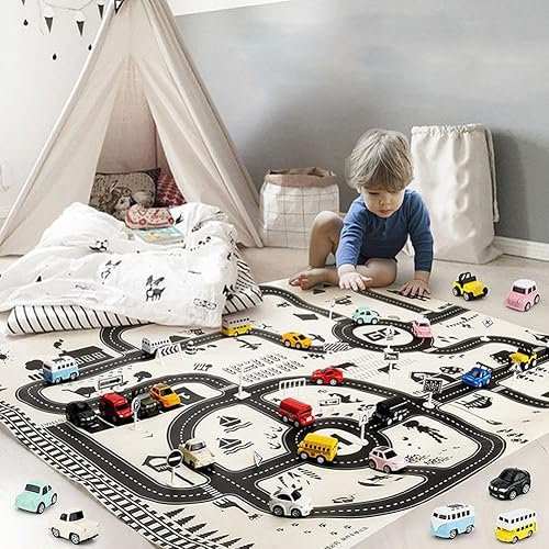 Miniatura 6 de Alfombra de juego para niños, tráfico, rutas de carretera, escena de la ciudad, mapa, modelo, coche, juguete, almohadilla de juego, juegos para