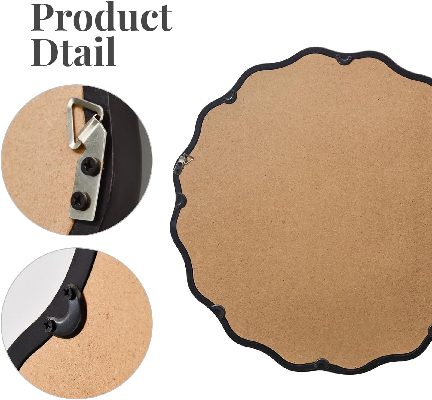 Black Scalloped Circle Mirror,24 inch Round Wood Wavy Bathroom Farmhouse Wall Mirror for Bedroom, Living Room, Hallway, Entryway, Office