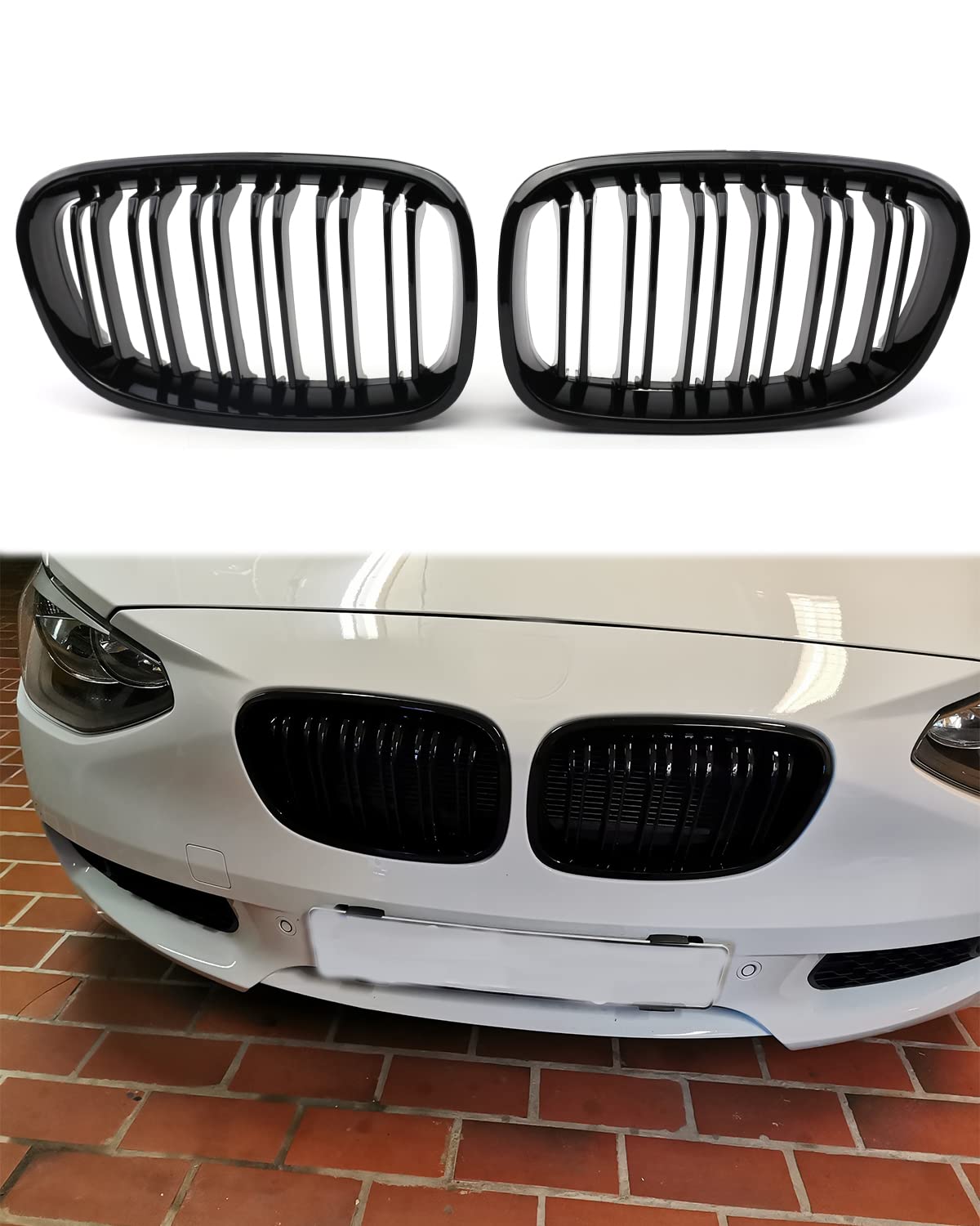 Front Nieren Kühlergrill Passend für BMW 1 Series F20 F21 2011-2014 NIEREN Schwarz Glanz Kühler Front Doppel Rippen Grill Links Rechts