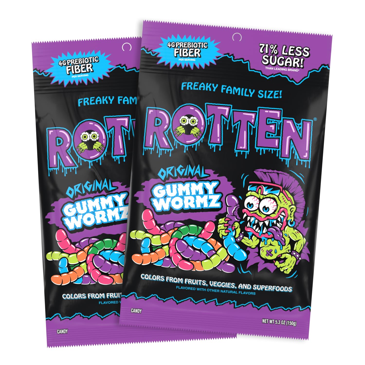 Rotten Original Gummy Worms - Low Sugar, Low Calorie, 7g Gut-Friendly Prebiotic Fiber and 3g Protein, Gluten Free Candy - 5.3 oz Share Pack [2 Pack]