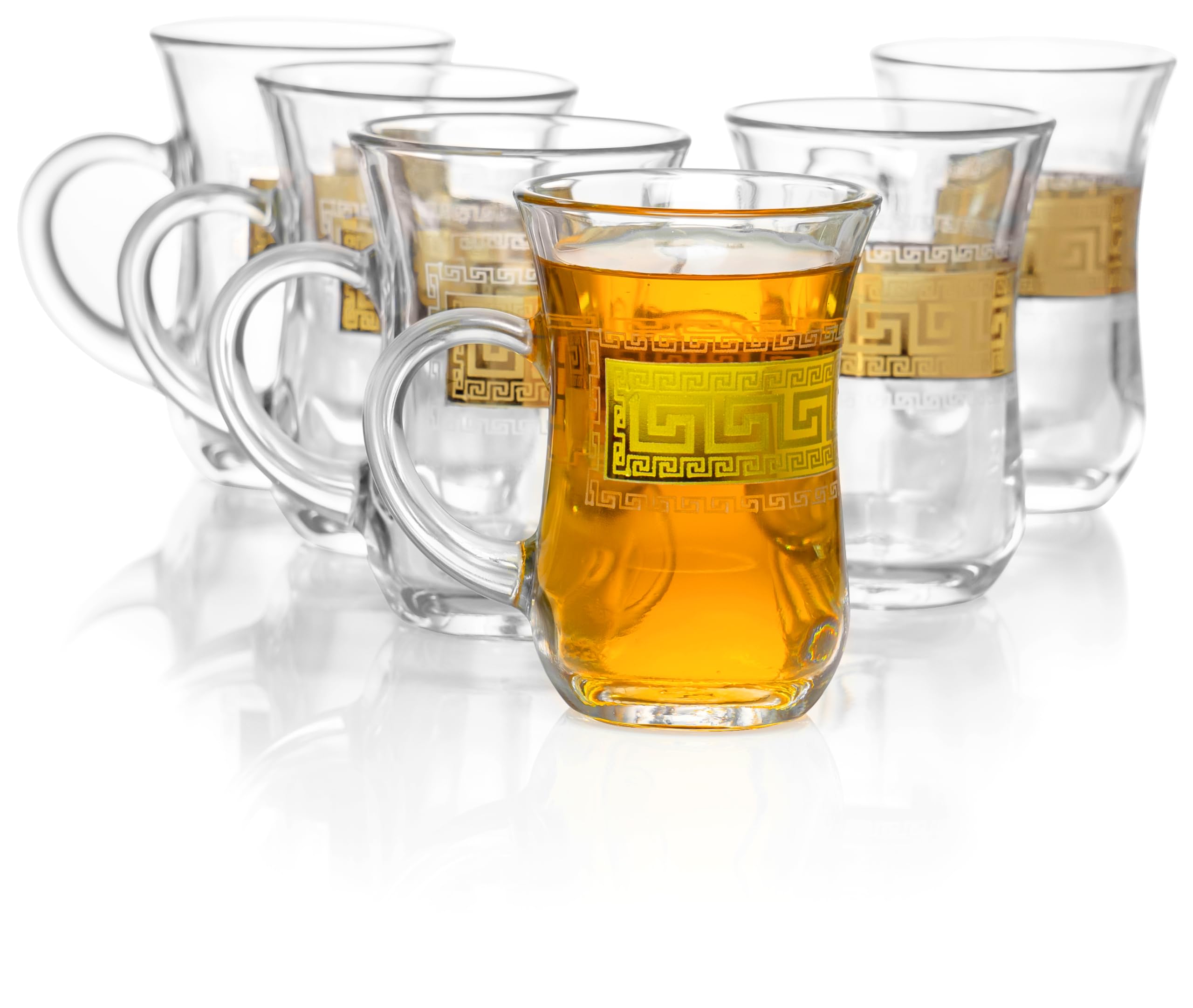 Red Co. Juego de 6 tazas de té turco decoradas de vidrio transparente de 5 onzas líquidas con patrón de llave griega dorada y mango