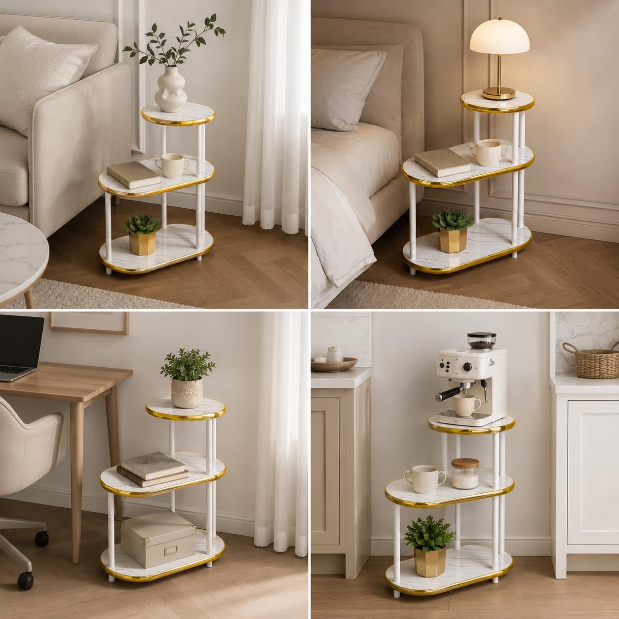 Generico Tavolino da Salotto Moderno 3 Ripiani Effetto Marmo Bianco con Bordi Oro, Tavolino Laterale Salvaspazio, Mobiletto Multiuso per Camera da Letto, Soggiorno e Angolo Caffè, 68x60x30 cm