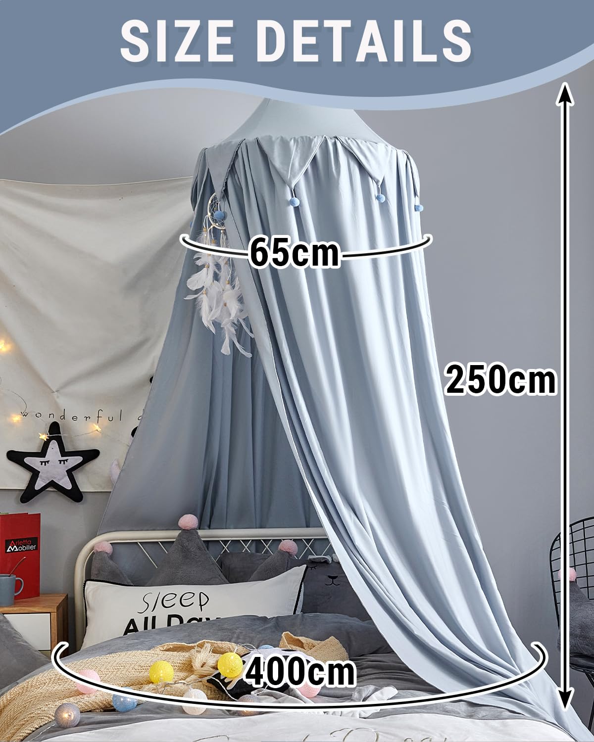 Surwin Baldacchino per Letto Bambina Bambini, Blu Tenda Zanzariera Baldacchino per Lettino Culla Neonato | Cupola Rotonda per Camera da Letto Lettura Cameretta