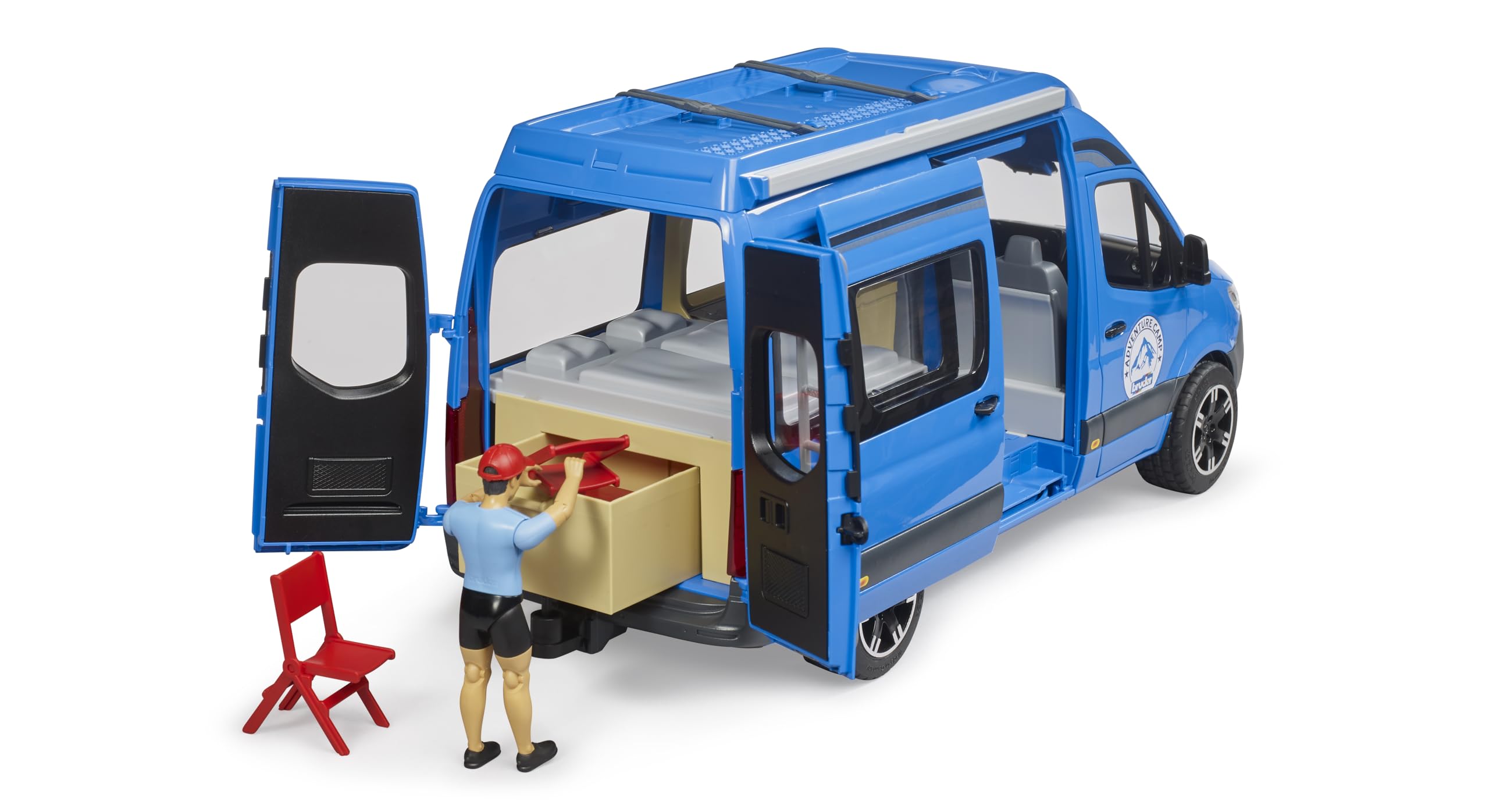 bruder 02684 - MB Sprinter Camper mit Fahrer - 1:16, Fahrzeug, Wohnmobil, Reisemobil, Transporter, Camper, Van, Campingbus, Spielzeug ab 4 Jahre, Blau