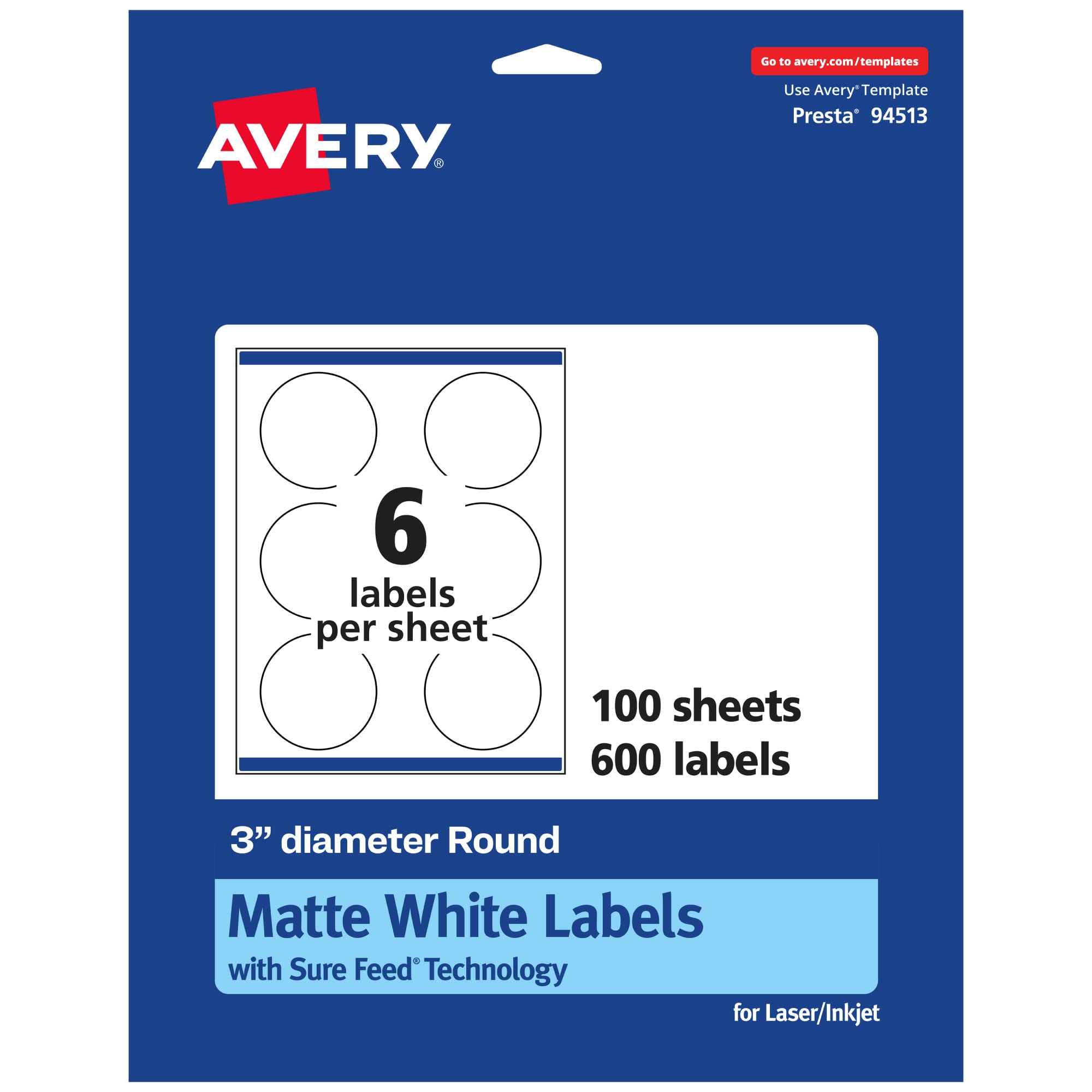 Avery Matte White Round Labels, Sure Feed Technology, 3" Diameter, 600 Matte White Printable Labels