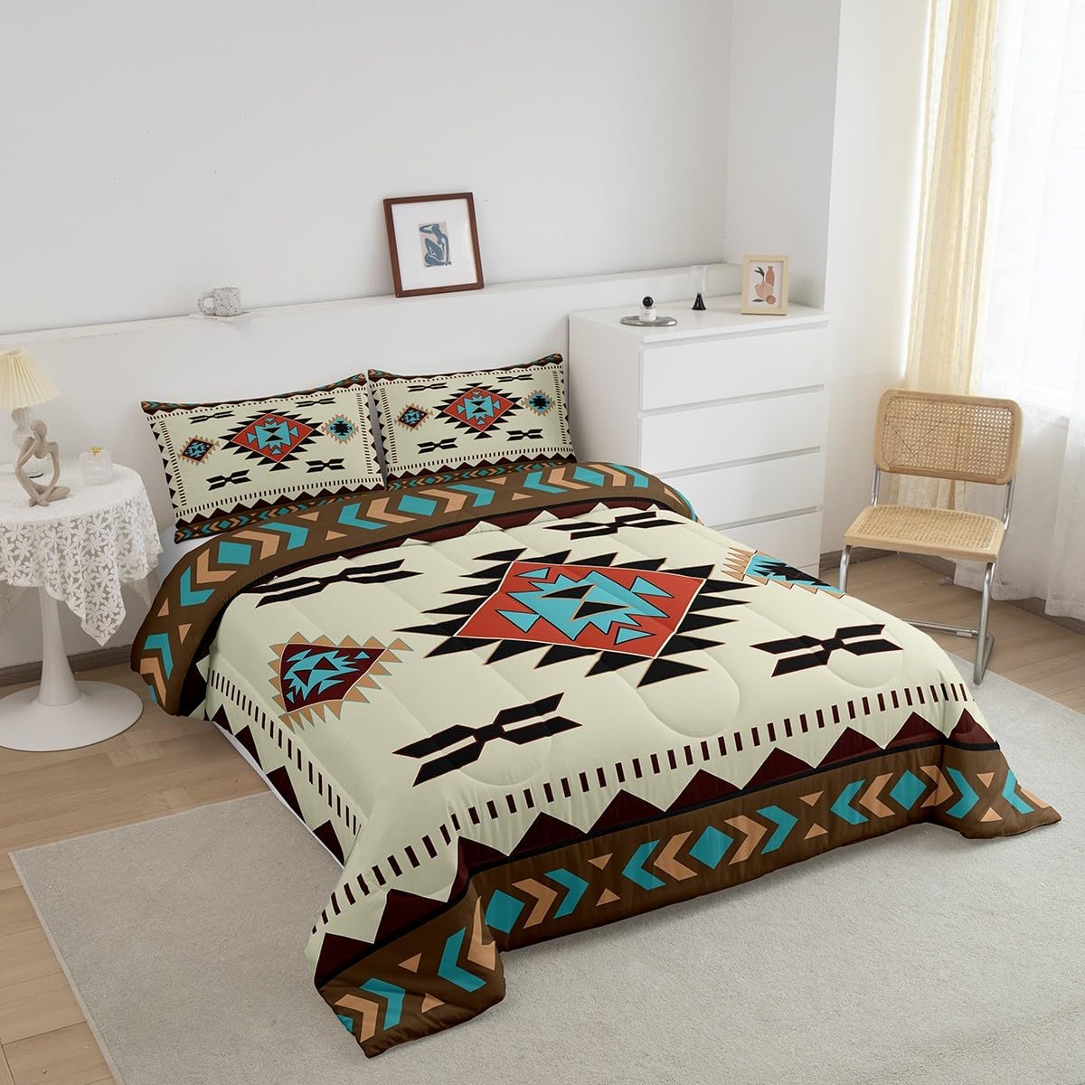 jejeloiu Boho Comforter Set Queen Size Tribal Comforter Set Southwestern Geometric Bedding Set Southwest Native American Design Duvet Set Dark Beige Quilt Set - Image 2