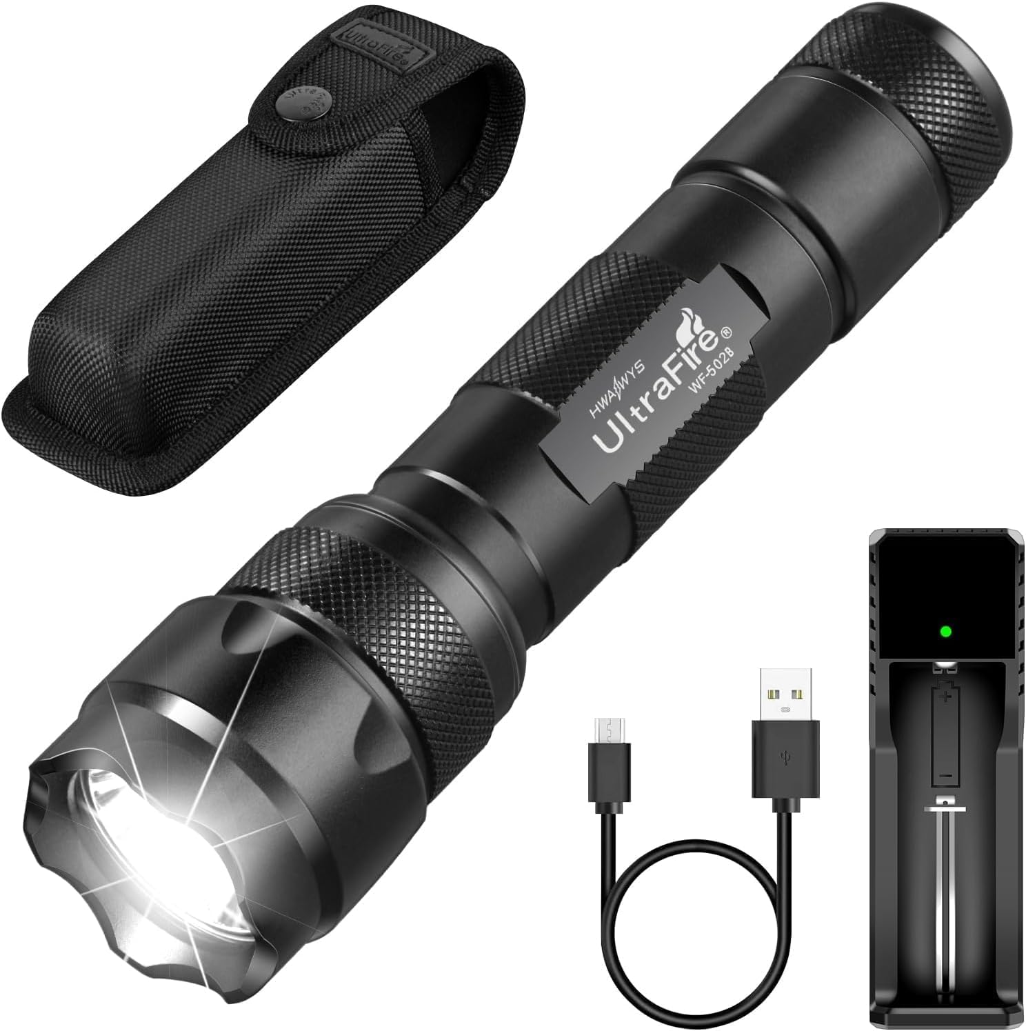 ULTRAFIRE Tactical Flashlight with Holster, 1000 Lumen 5 Modes LED Police Flashlight for Duty Belt, Super Bright Small EDC Flash Light with Torch Pouch, WF-502B