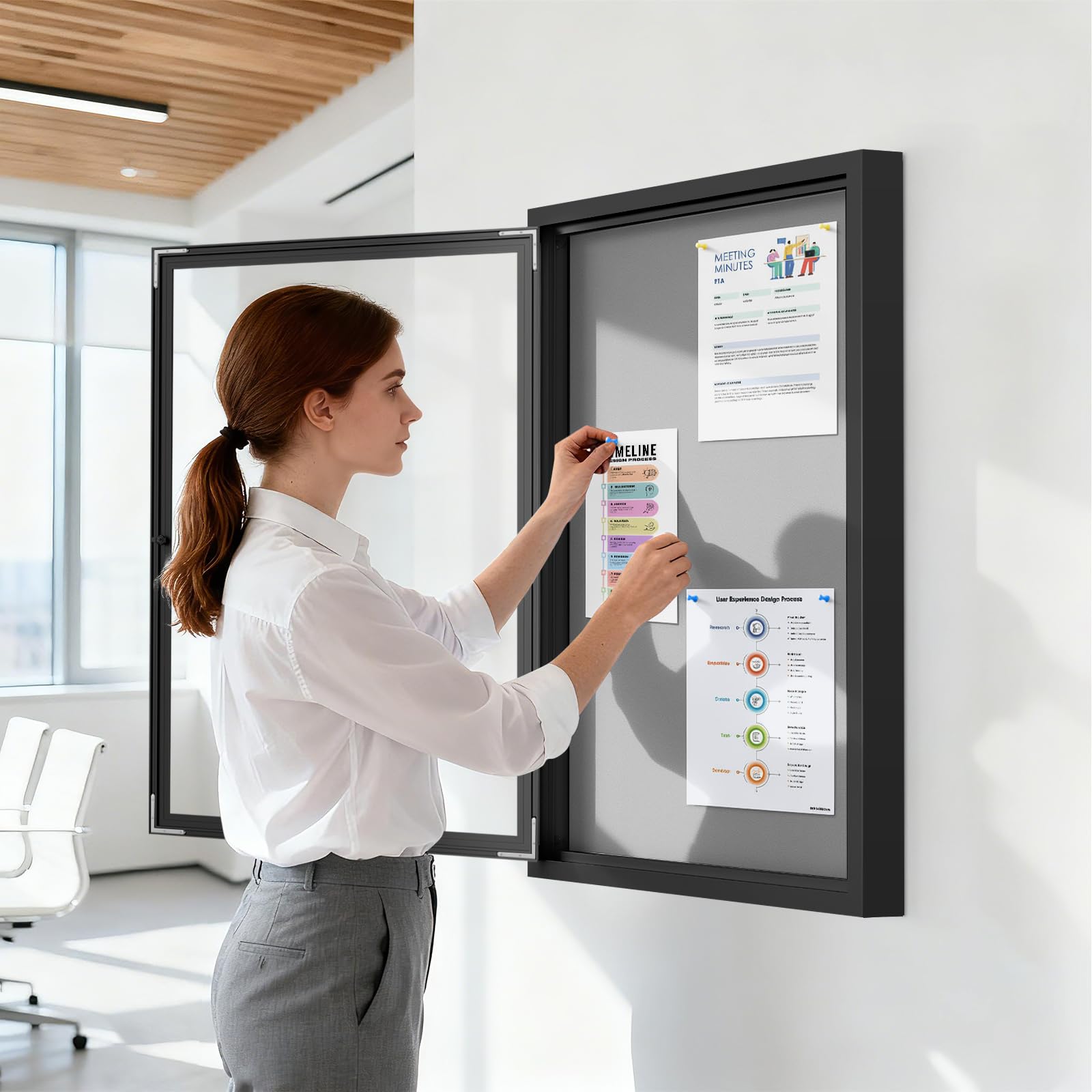 S SWANCROWN Pinnwand für den Außenbereich, wetterfest, 91,4 x 61 cm, geschlossene Pinnwand, Wandvitrine, graue Filztafel für Büro, Schule, Gewerbe, schwarzer Aluminiumrahmen