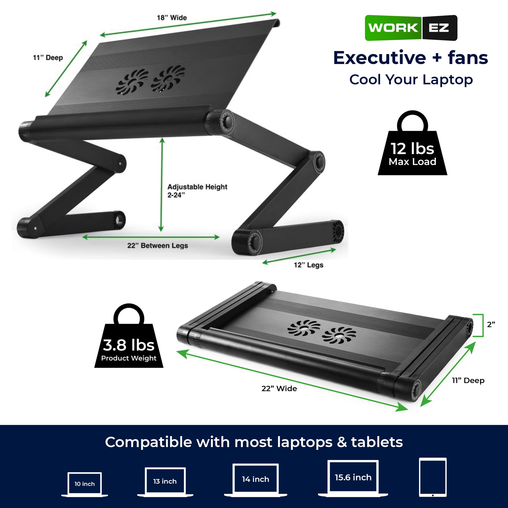 Soporte ajustable Executive para portátil y tableta de WorkEZ, ergonómico, color negro