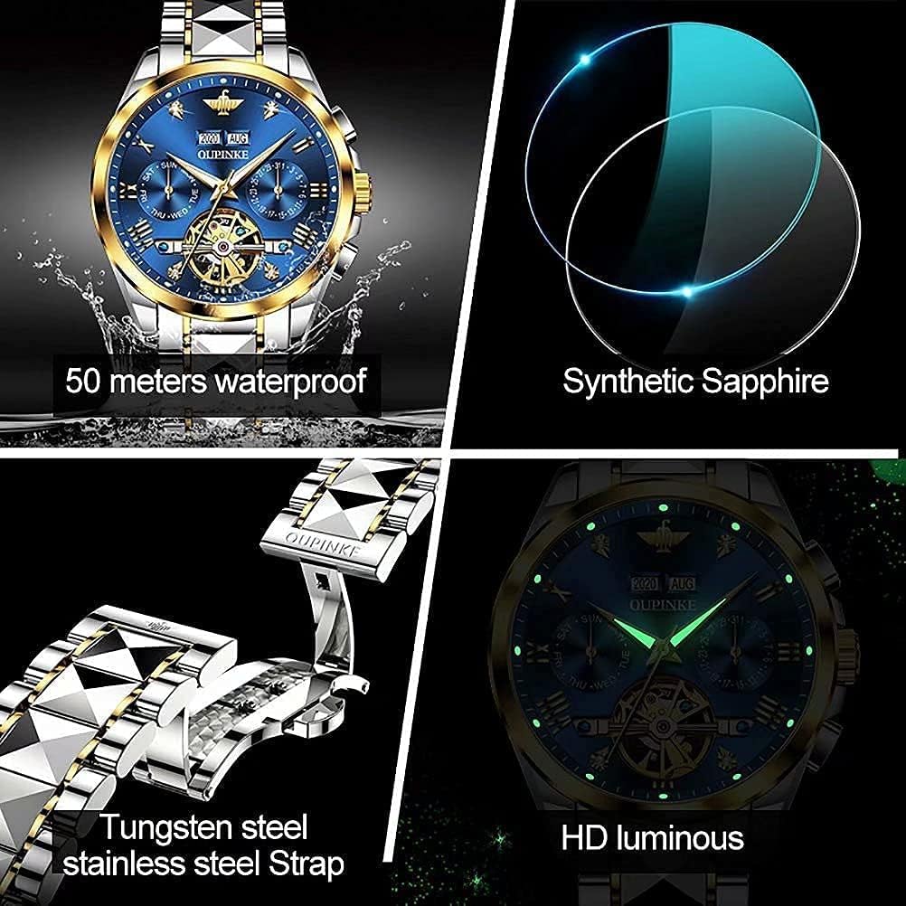 OUPINKE Mens Automatic Watch Diamond Skeleton Mechanical Self Winding Luxury Dress Wrist Watch Sapphire Crystal Tungsten - Image 5