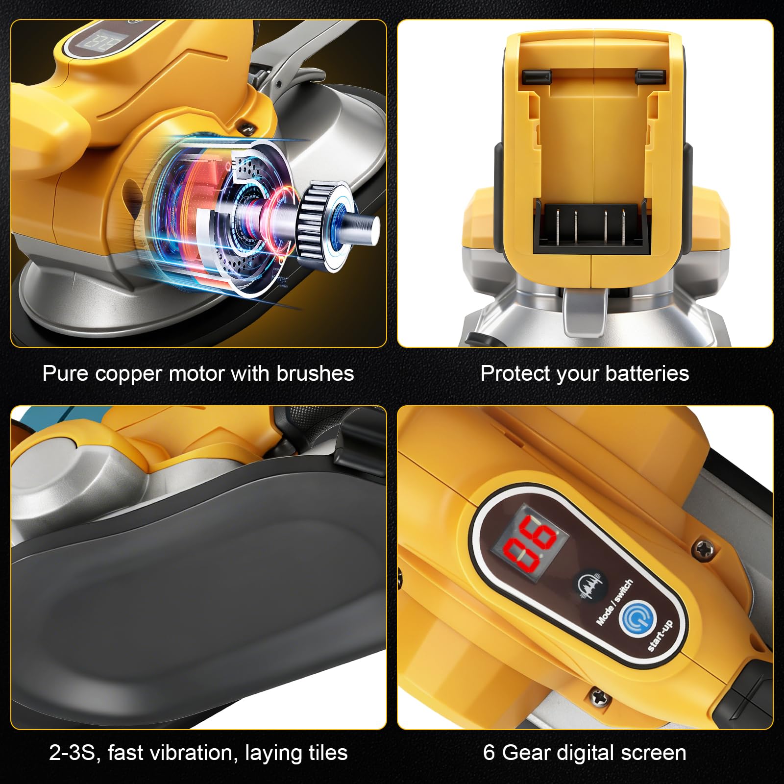 Herramienta vibradora de azulejos con 6 velocidades ajustables, compatible con Dewalt 18 V, 20 V baterías (solo herramienta), 200 kg de adsorción, inalámbrico, Vibrador Baldosas sin Cable