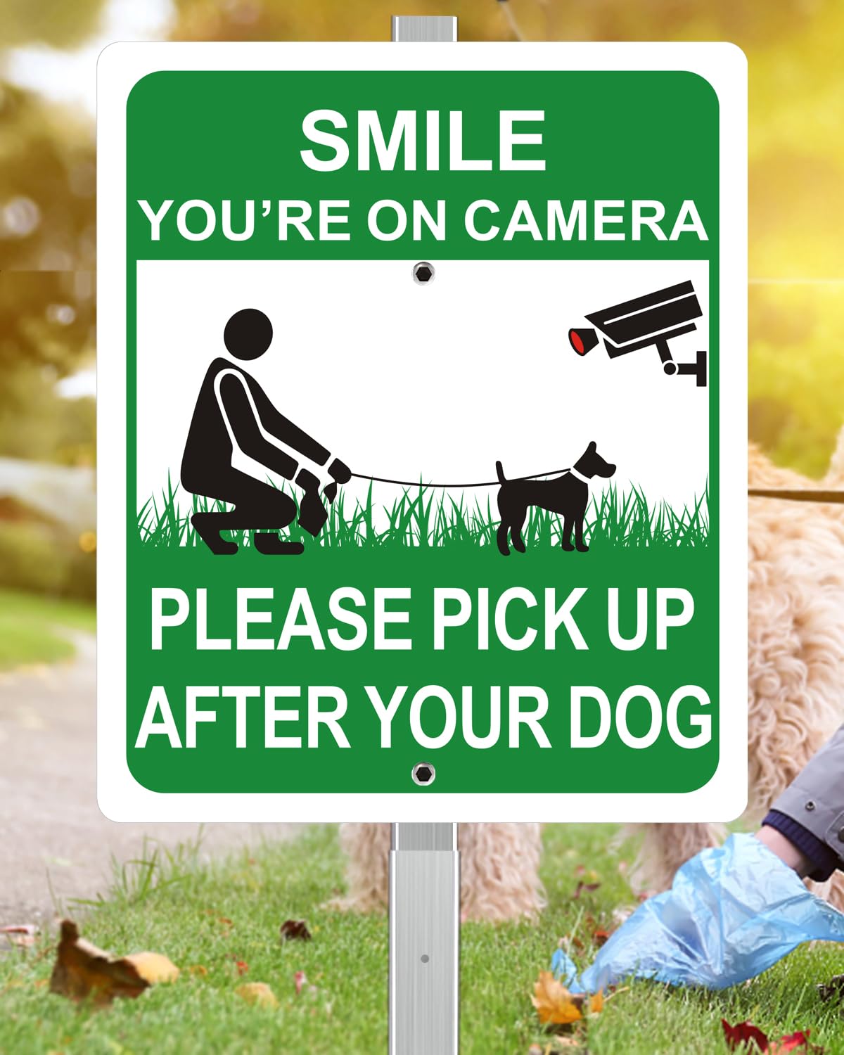 i-CowFun Heavy Duty Metal Pick Up After Your Dog Sign Camera, 12" x 10" Aluminum Clean Up After Your Dog Sign with 28" Stake, Weather Resistant