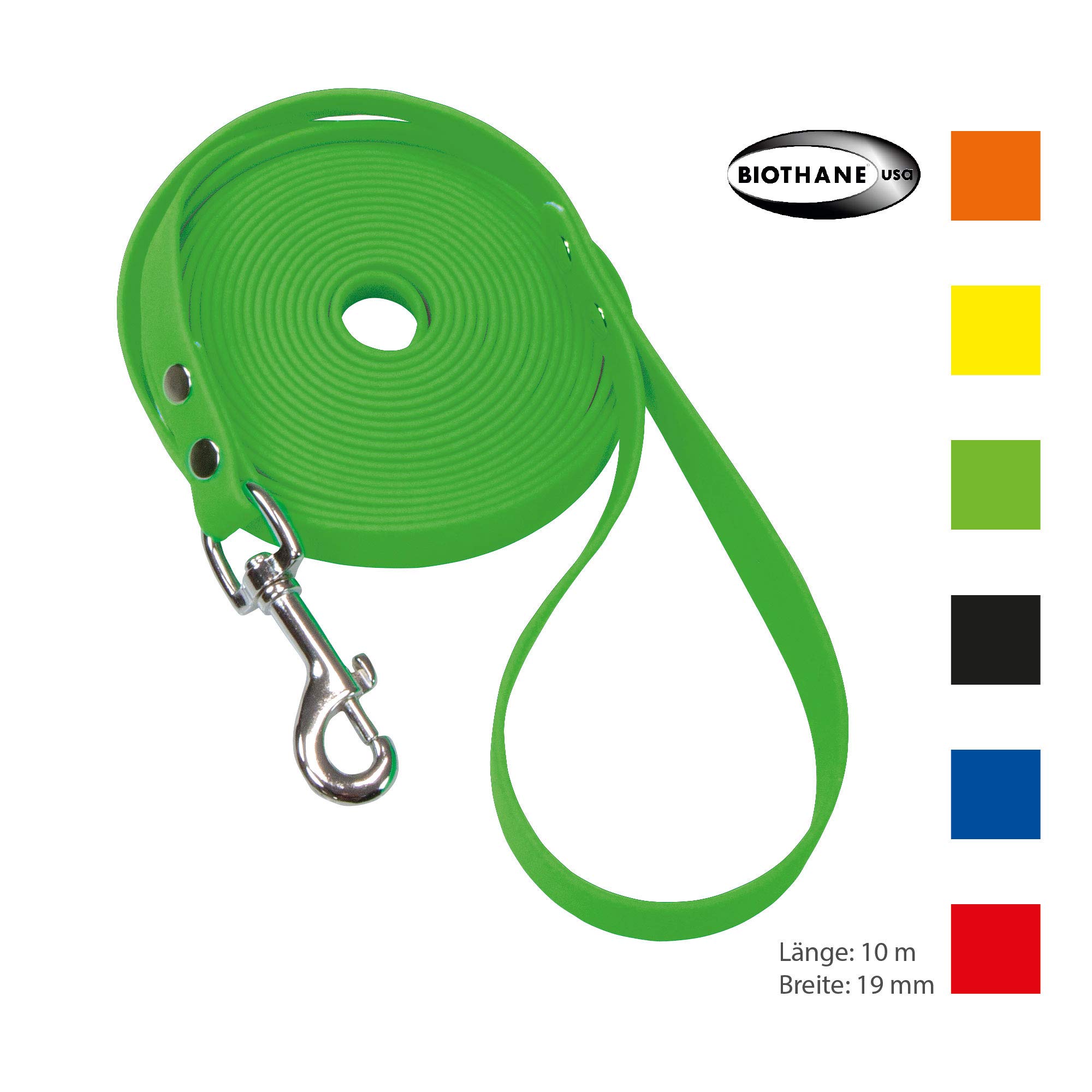 Schecker gelbe Biothane® Schleppleine mit Handschlaufe, 10 m / 19 mm extrem widerstandsfähig, witterungsbeständig und reißfest