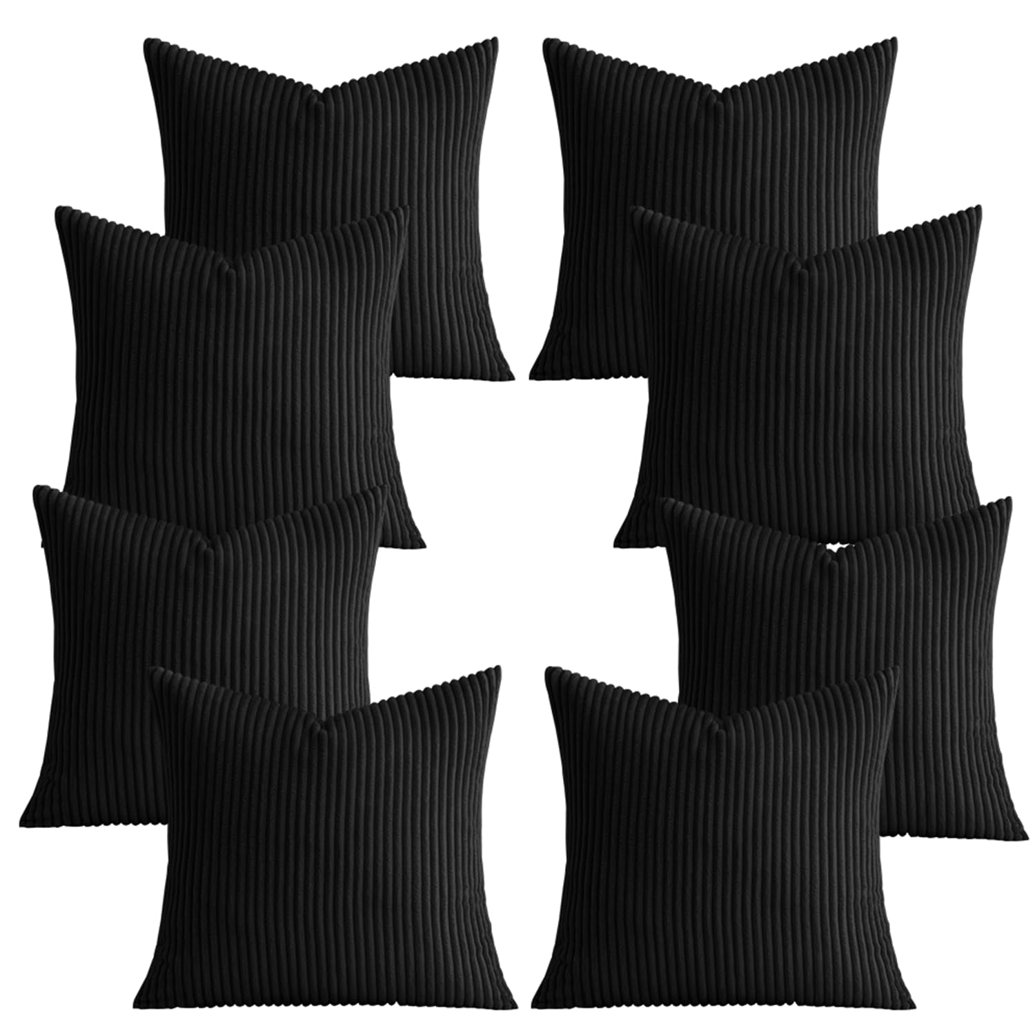 AMEHA Set of 8 Pcs Soft Corduroy Black Velvet Cushion Covers 45 x 45 cm with Invisible Zipper Decorative Square Throw Pillowcases for Livingroom, bed, couch, office (18x18 inch Stripe Cushions)