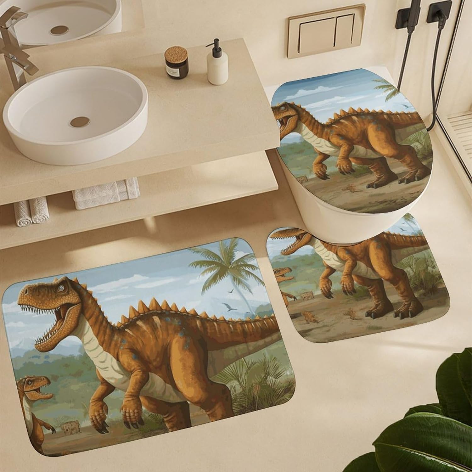 Jurassic Period Dinosaur Shower Curtain Set 4 Piece, Non-Slip Bath Mat with Toilet Lid Cover and Waterproof Shower Curtain with 12 Hooks, Complete Bathroom Set for Home Decor
