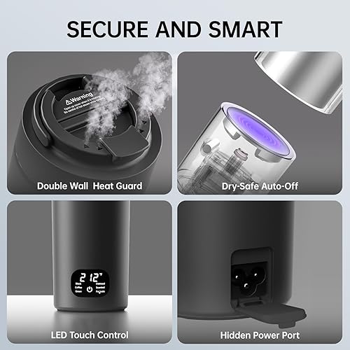 Miniatura 5 de Hervidor eléctrico portátil de doble voltaje, agua caliente de viaje para té, café, 6 controles de temperatura y pantalla LCD, acero inoxidable 316