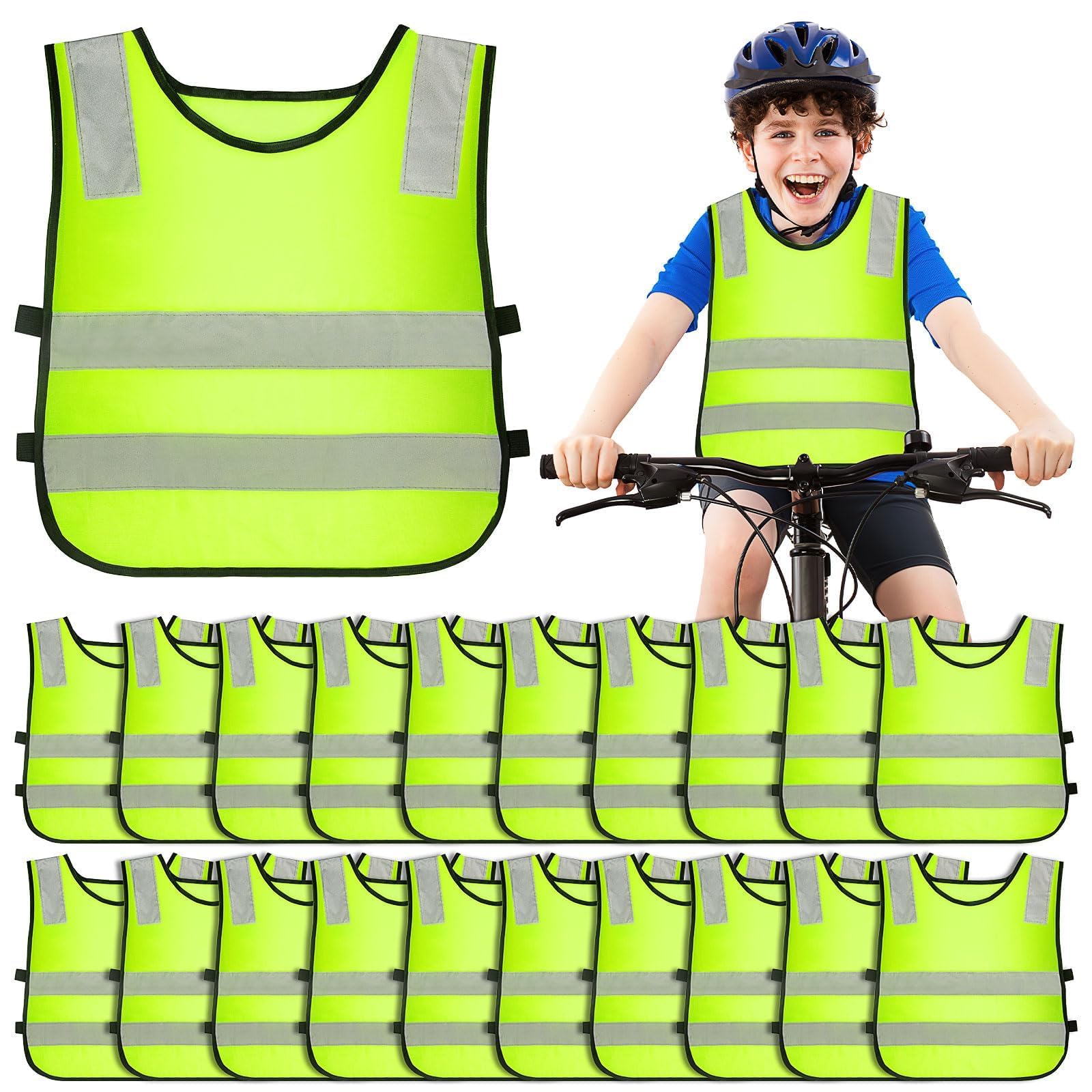 20 Stück Warnweste Kinder, Grad Reflektierende Sicherheitsweste Gelb, Hochsichtbare Weste für Sport, Laufen, Fahrrad, Schule, Auto, Jungs, Mädchen