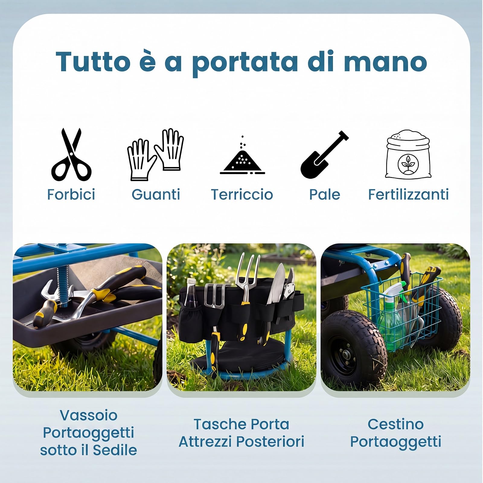 COSTWAY Carrello da Giardino, Sgabello con Ruote Girevole a 360°, Cuscino Imbottito, Schienale, Cestino, Tasca e Vassoio Porta Attrezzi, Carriola da Giardino e Cortile, 96 x 46 x 78-87 cm (Blu)