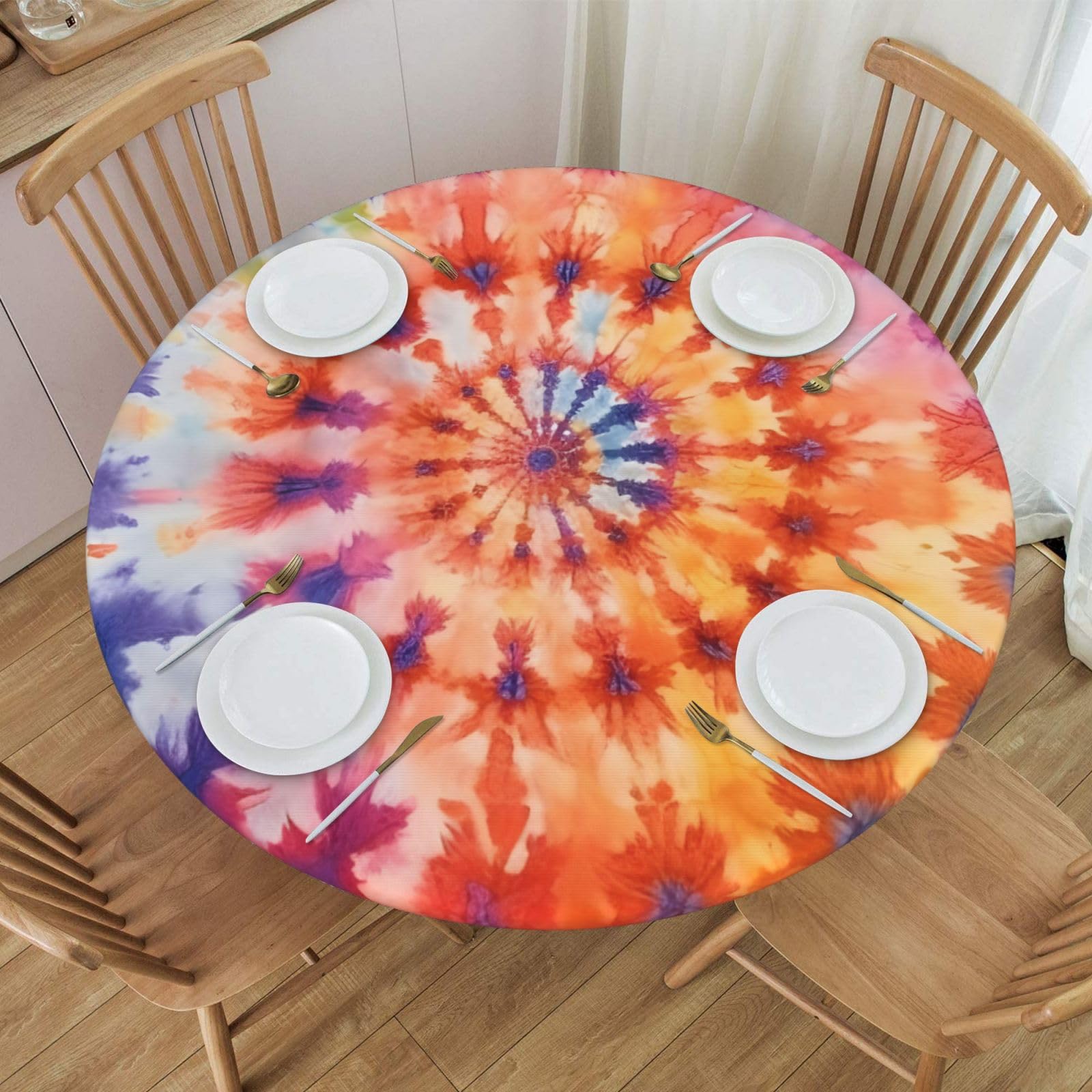 Mexpekil Round Fitted Table Cover with Elastic Edged Colorful Tie-Dye Wipe Clean Tablecloth Waterproof Table Protector for Outdoor Indoor S fits 40-44 Inch Round Table