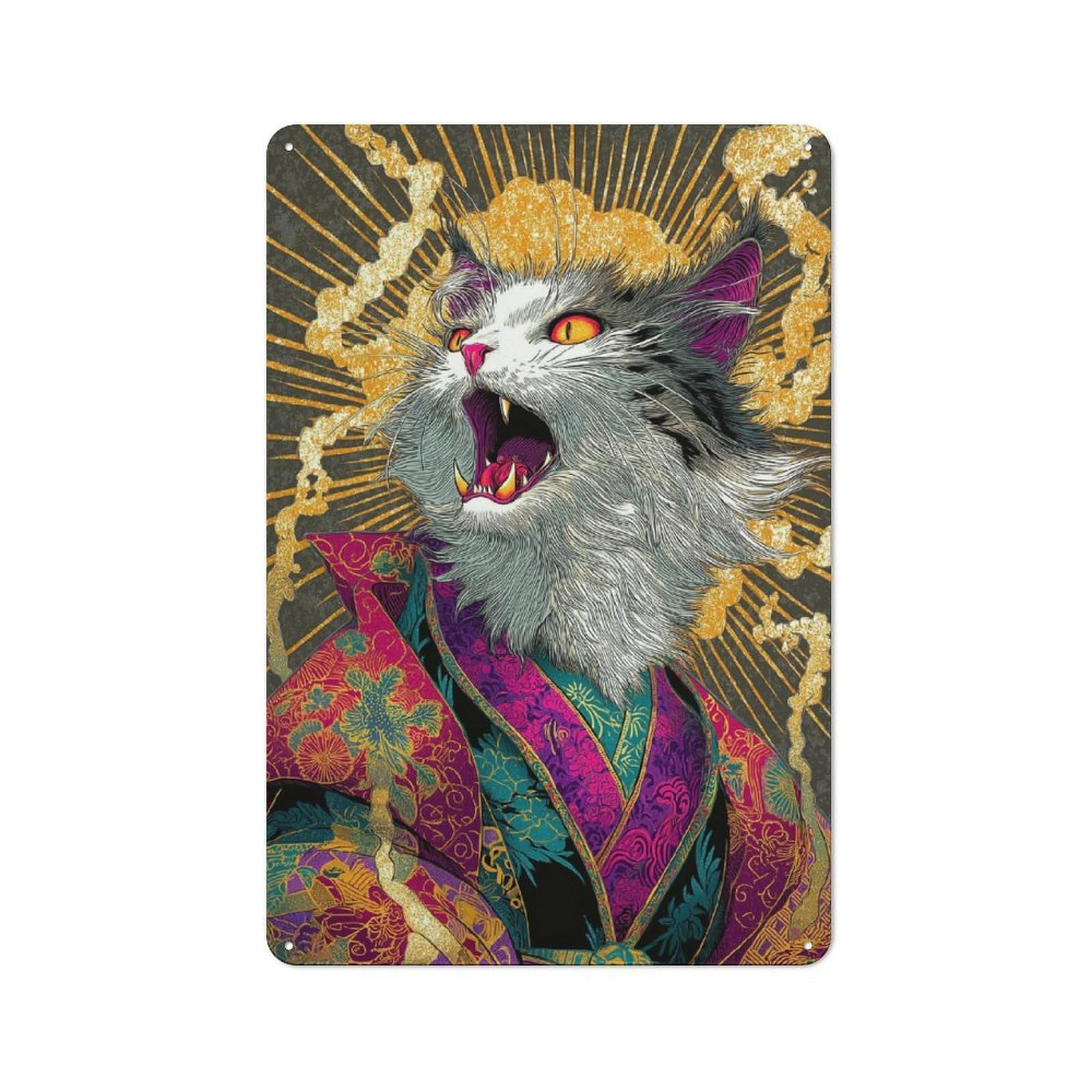 Junmoney Yelling Cat In Kimono Decorative Tin Sign With Design 30X20cm, Classic Retro Room Decor For Kitchen, Hallway, Bar Or Small Cafe
