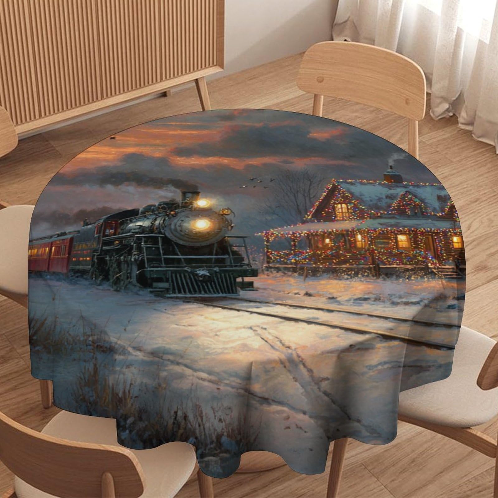 LUYYSKY Beautiful Realistic Antique Train Waterproof Round Tablecloth Modern Classic Art Christmas Sunset Snowy Landscape Steam Train Washable Table Cover for Kitchen-127 Wx127 L cm