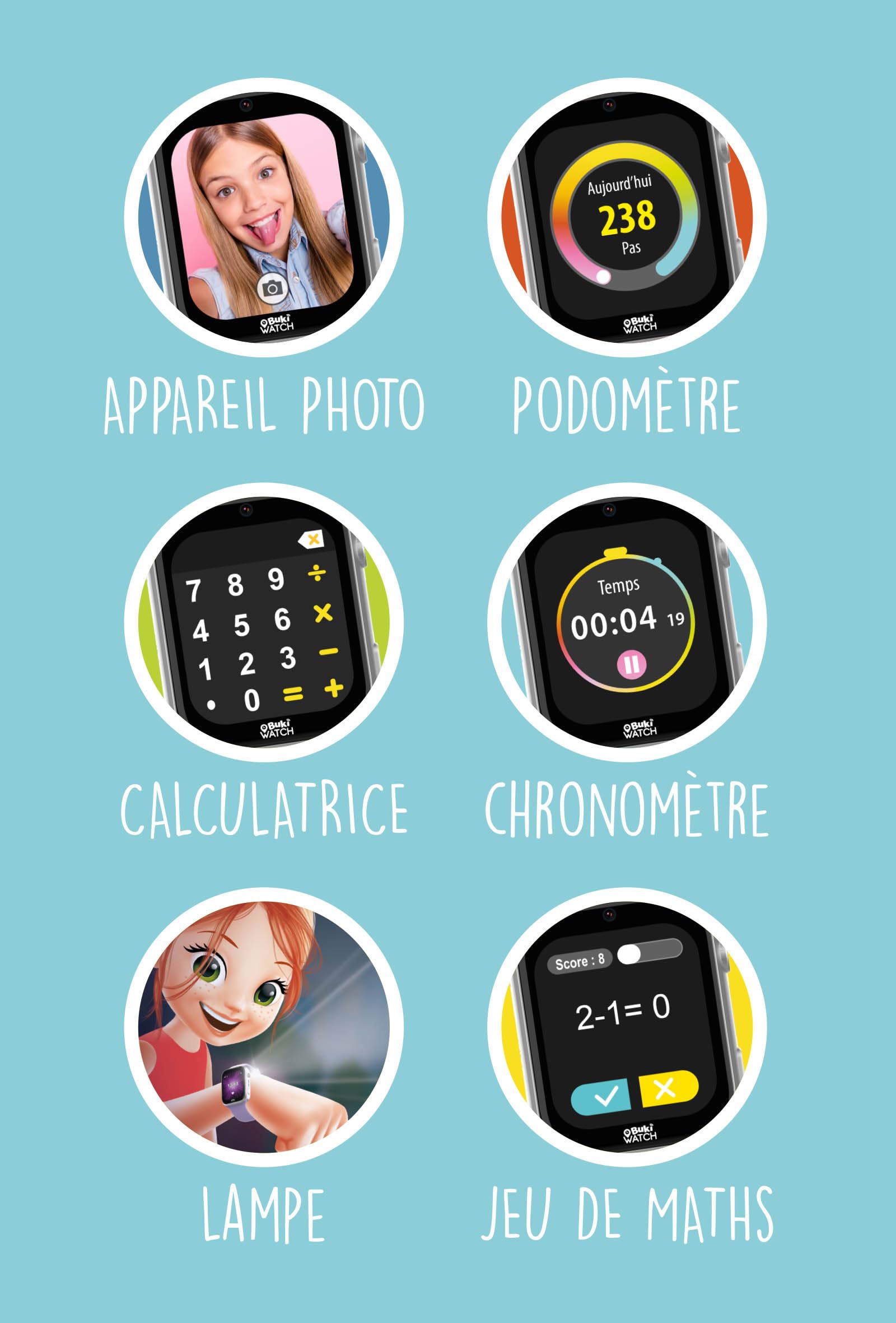 Smartwatch dla dzieci z dołączoną kartą SIM - połączenia, GPS, SOS, wideo, wodoodporny, kontrola rodzicielska za pomocą aplikacji - 2 paski - od 8 lat - gotowy do pracy - zegarek BUKI - FIB01