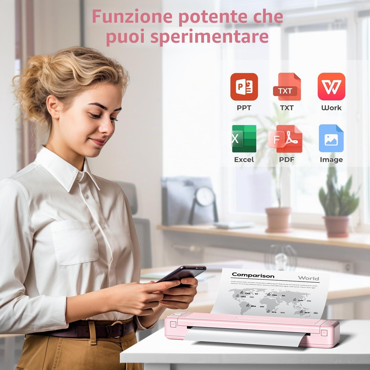 Stampante Portatile A4 P831 Bluetooth Piccola per Viaggio, Senza Inchiostro Carta Termica Rosa