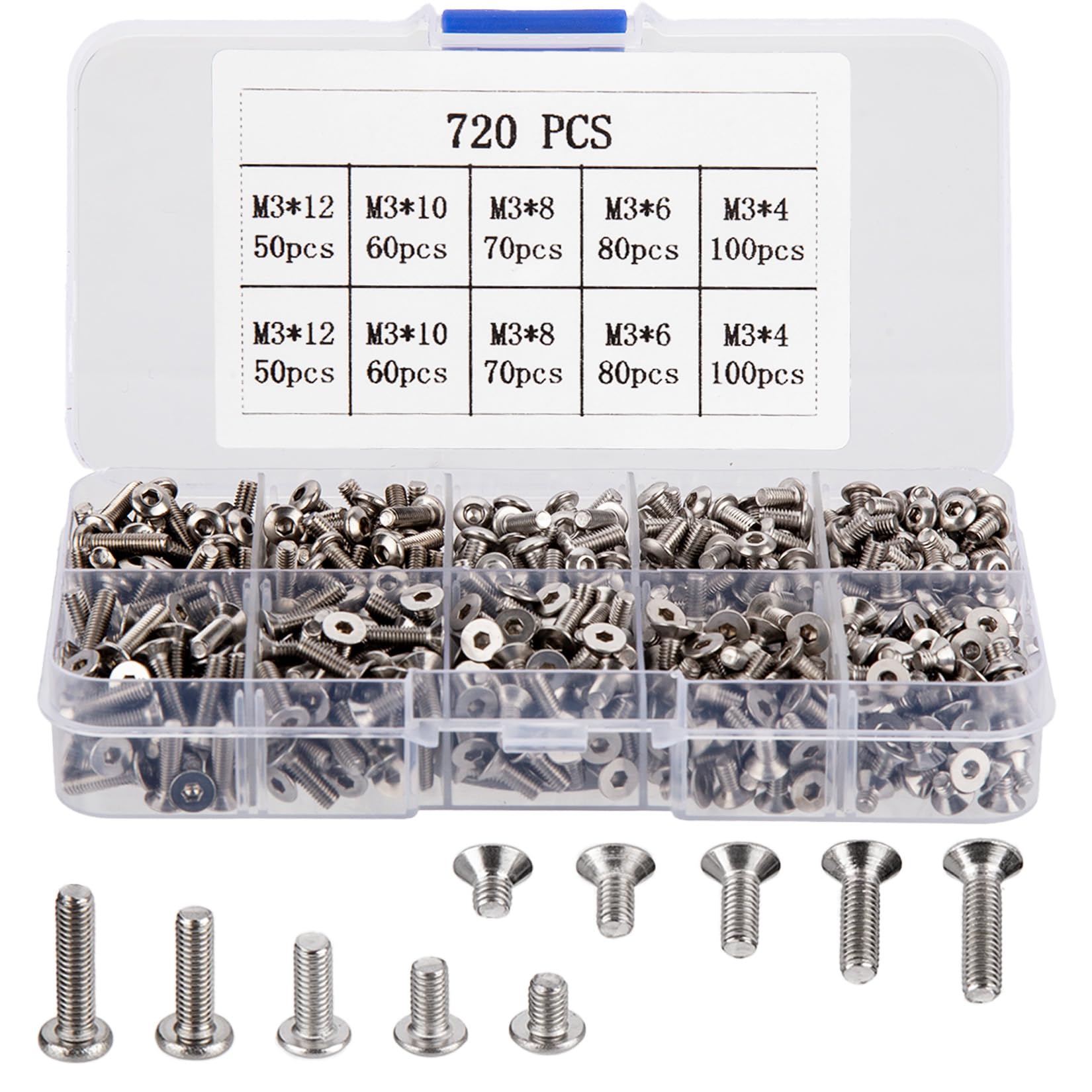 720 Pcs M3 Hex Socket Cap Bolts Screws Assortment Kit, Pan Head & Flat Head Hex Button Head Screws Assorted Stainless Steel, M3x(4mm/6mm/8mm/10mm/12mm