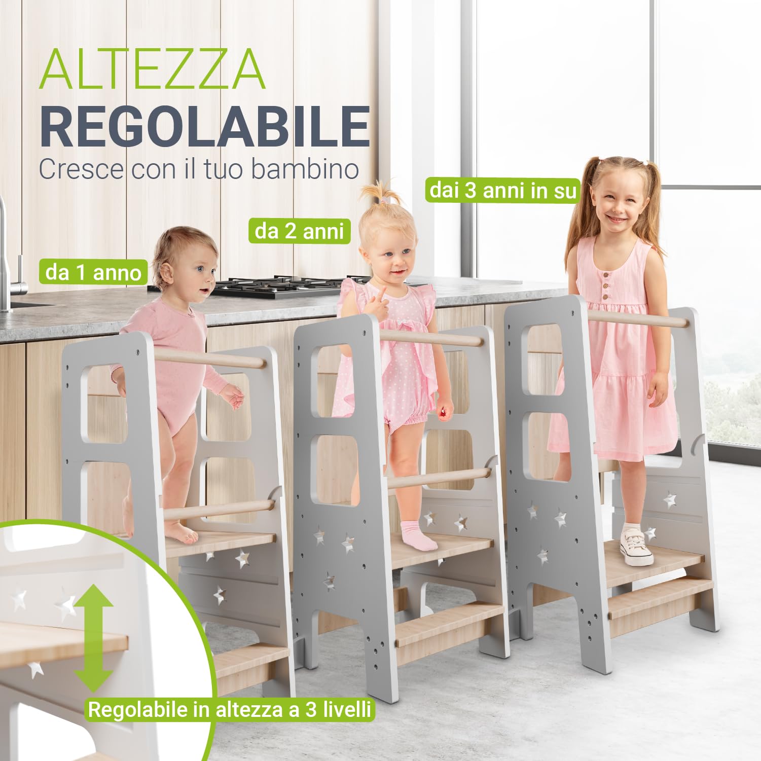 Juskys torre didattica Henny per bambini 1 anno Montessoriana tripla regolazione altezza antiribaltamento sgabello cucina bianco