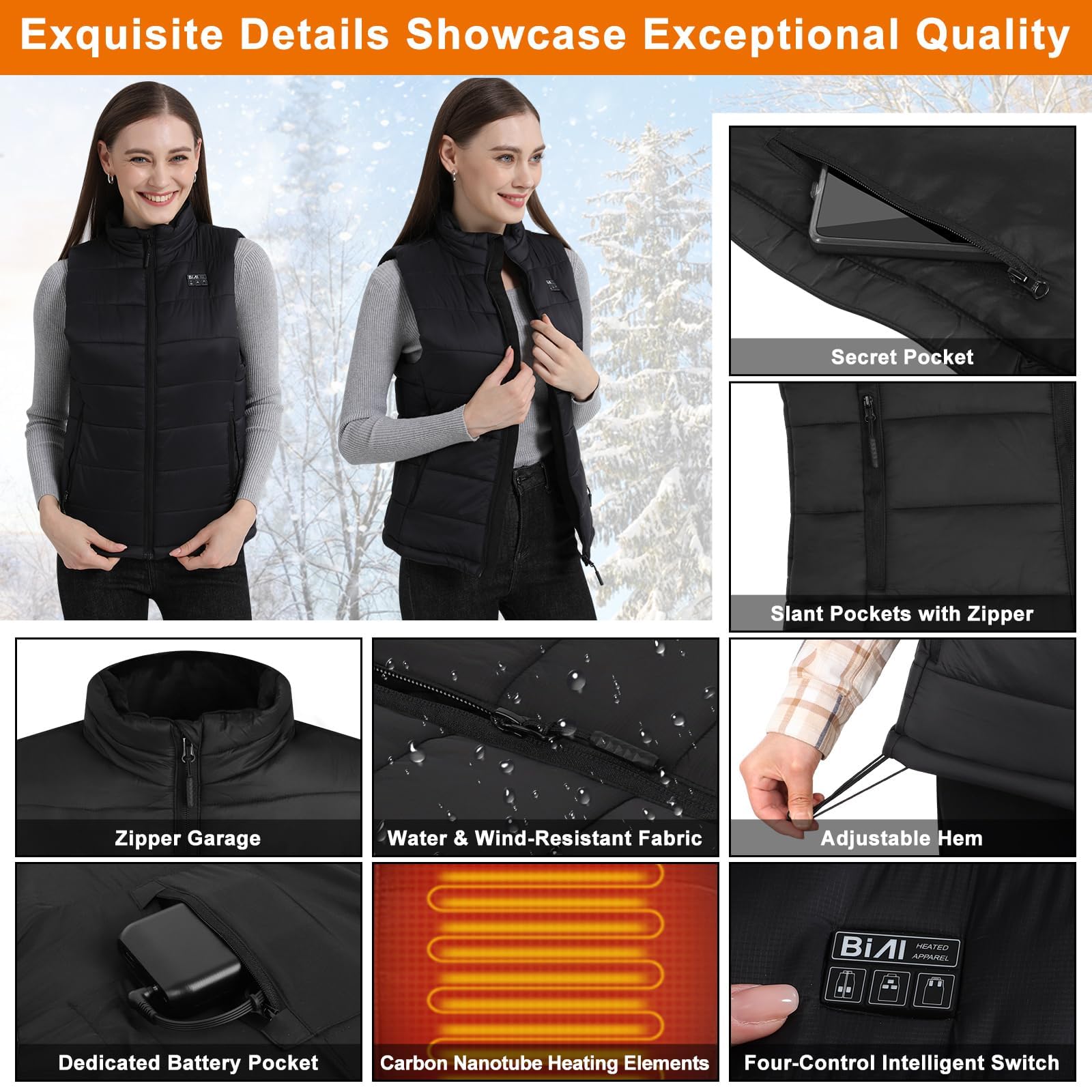 BIAL Veste Chauffante Femme avec Batterie 16000mAh 7.4V Incluse,Gilet Chauffant et 3 Températures Réglables,Doudoune Chauffante Femme pour Ski en Plein air Randonnée Chasse Camping