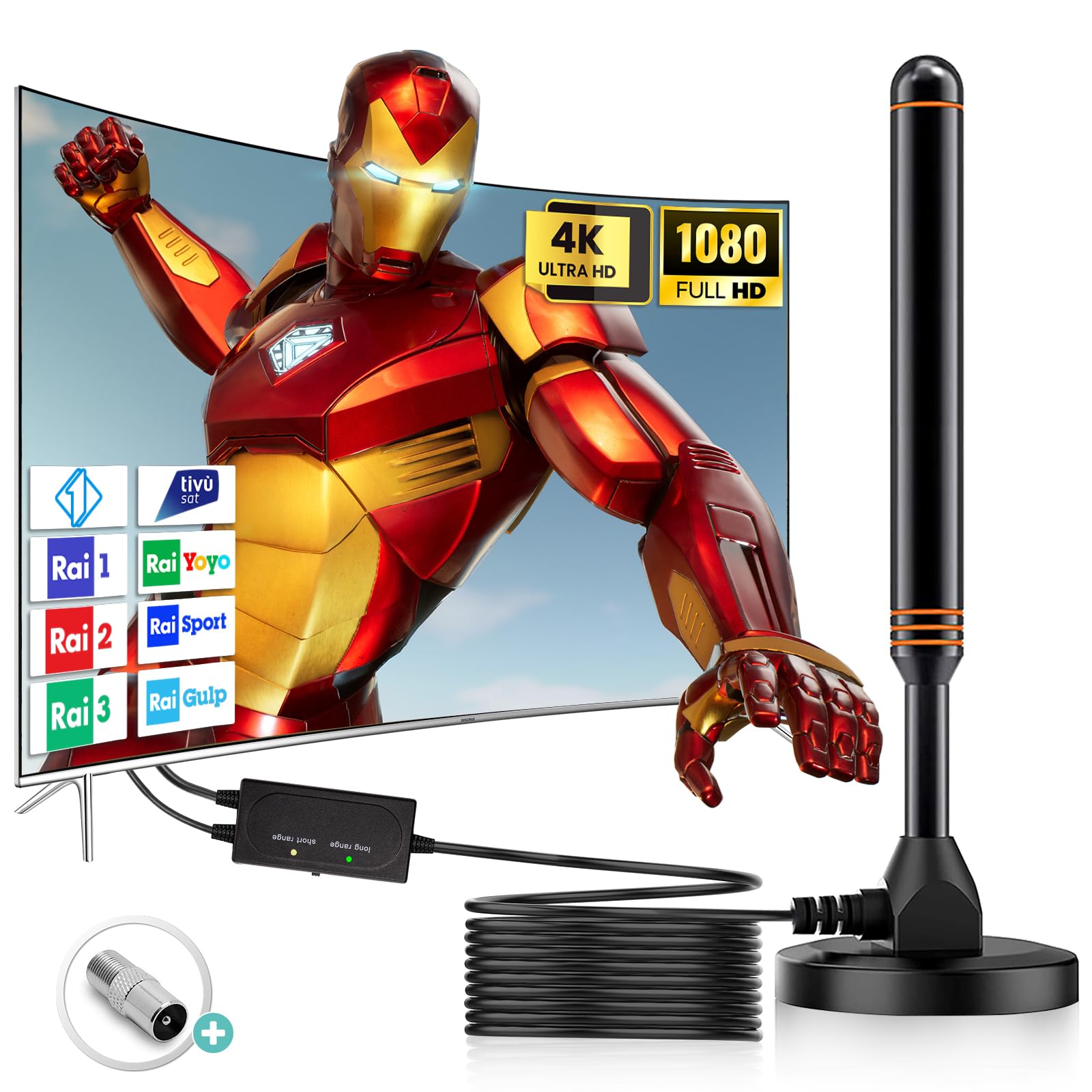 Antenna TV Portatile, Antenna TV interna Amplificata potente per distanze di ricezione superiori a 500 km, Antenna Digitale Terrestre da interno per Smart TV, Antenna con Cavo Coassiale 5m - Orange