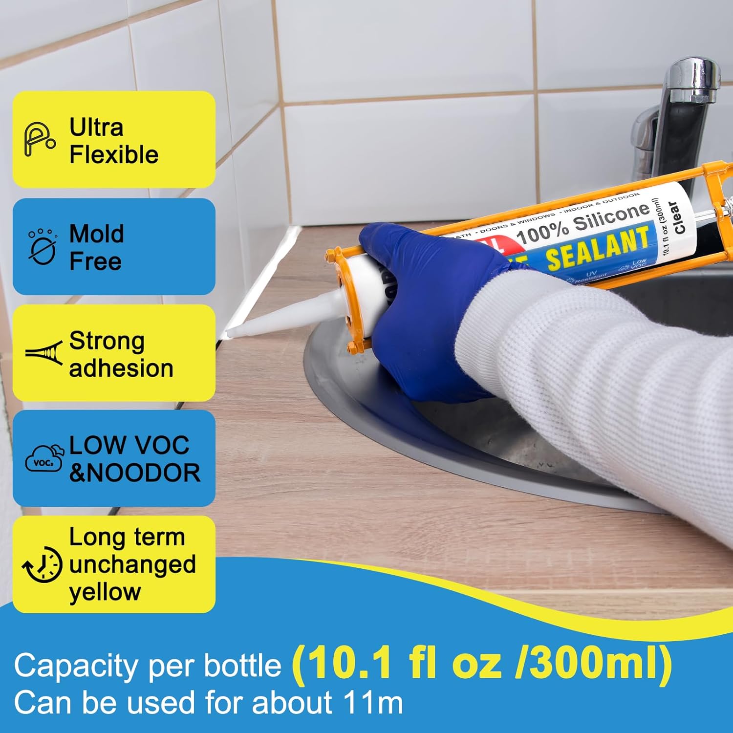 Silicone Caulk & Sealant White, 10 Pack - 100% Waterproof Silicone Sealant, Silicone Caulking for Kitchen and Bathroom, Toilet, Sink, Window ＆ Door Use, Shrink & Crack Proof (10.1 FL.OZ/300ml)