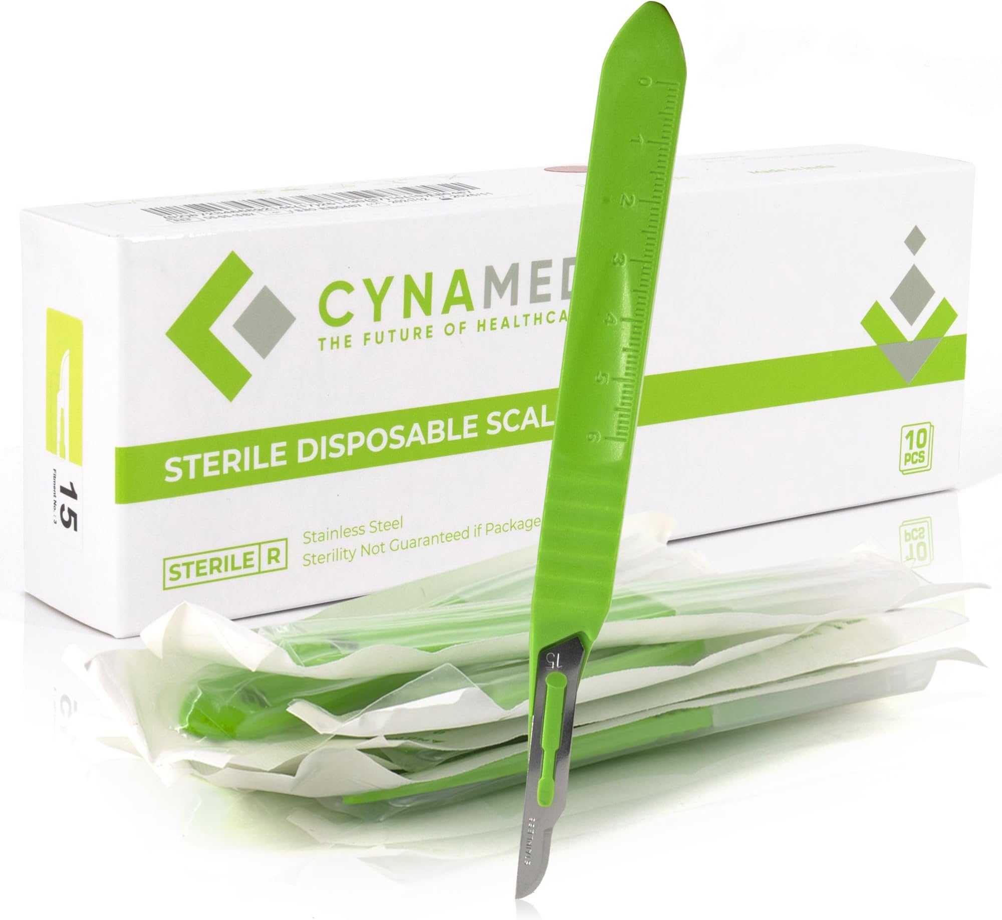 Cynamed Disposable Scalpel Blades| Sharp, Tempered Stainless-Steel Blades | Pack of 10 Sterile Scalpel Knives| Plastic Handle| Individual Pouches| for Dermaplaining, Podiatry, Crafts & More (No.15)