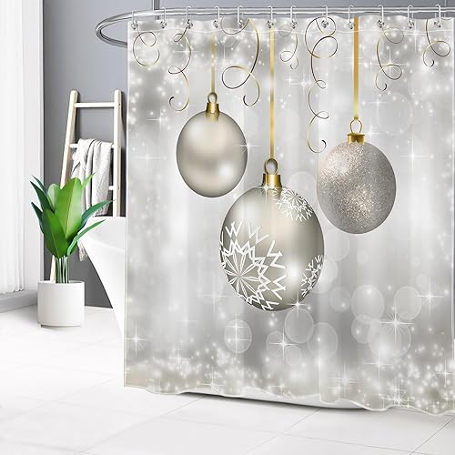 Miniatura 2 de LB Christmas Shower Curtain Decor, Gold and Silver Xmas Ball New Year Winter Holiday Grey Shower Curtain for Bathroom 72x72 Inch Polyester Fabric